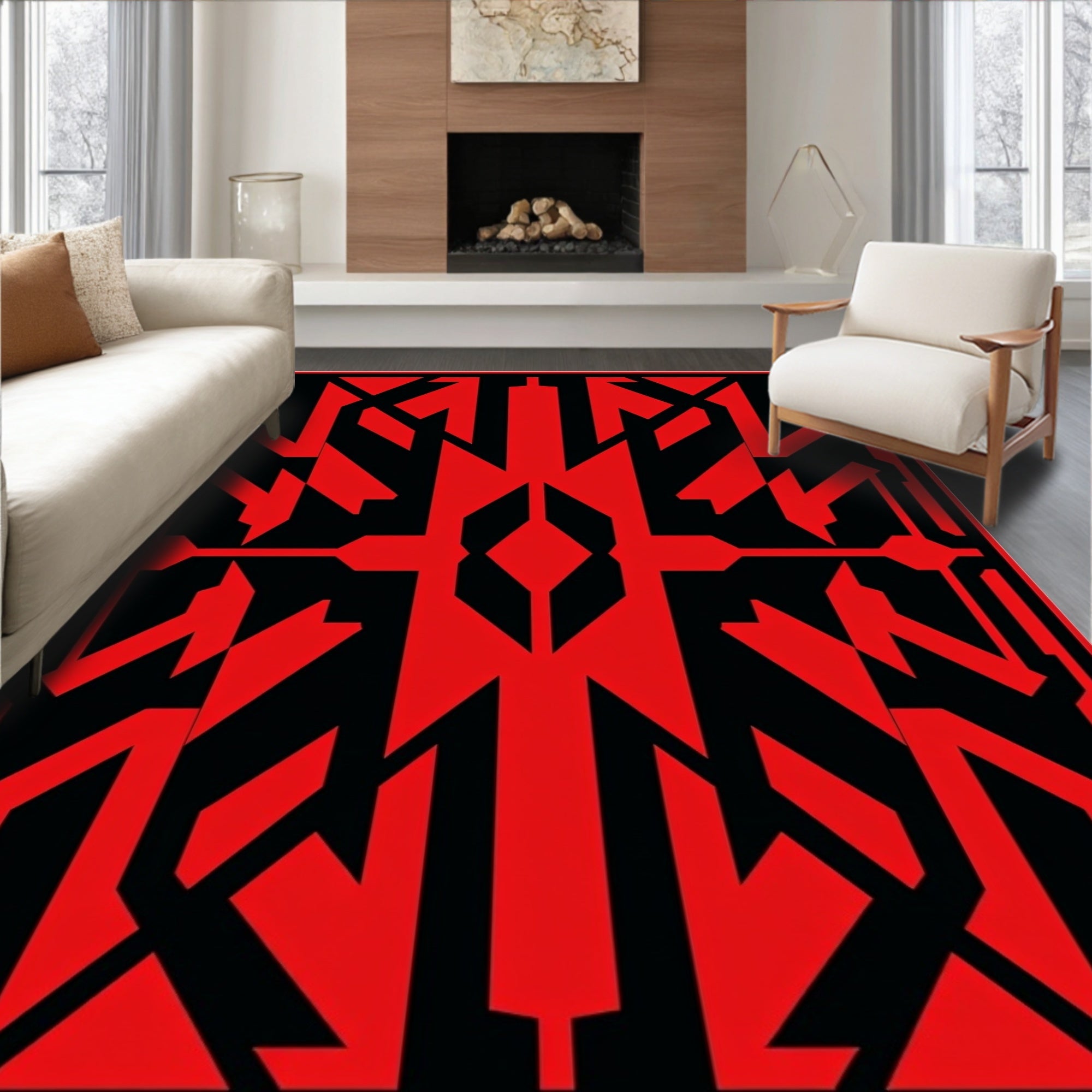Bold Red Geometric Abstract Fragment Rug