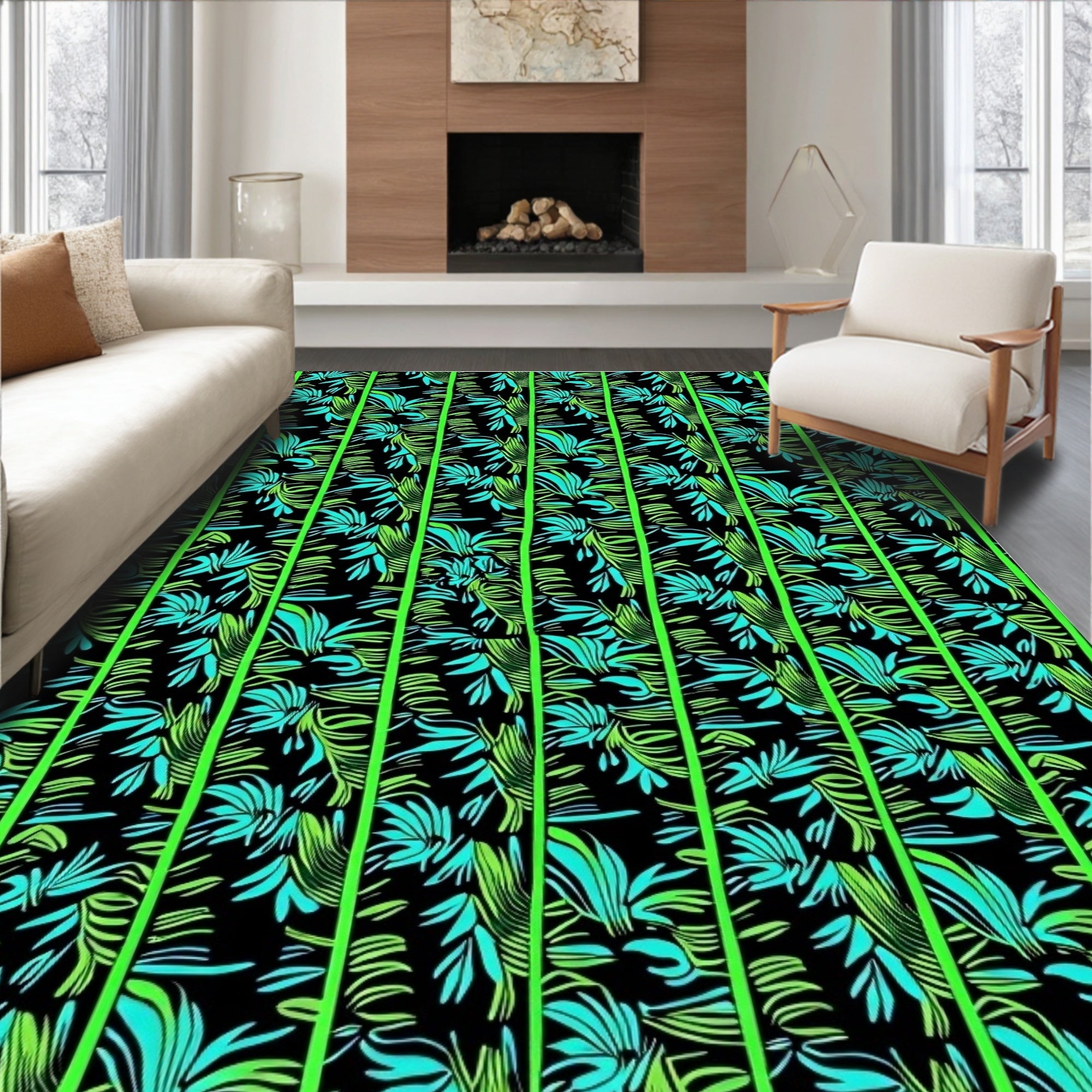 Vibrant Emerald Teal Leafy Stripes Rug