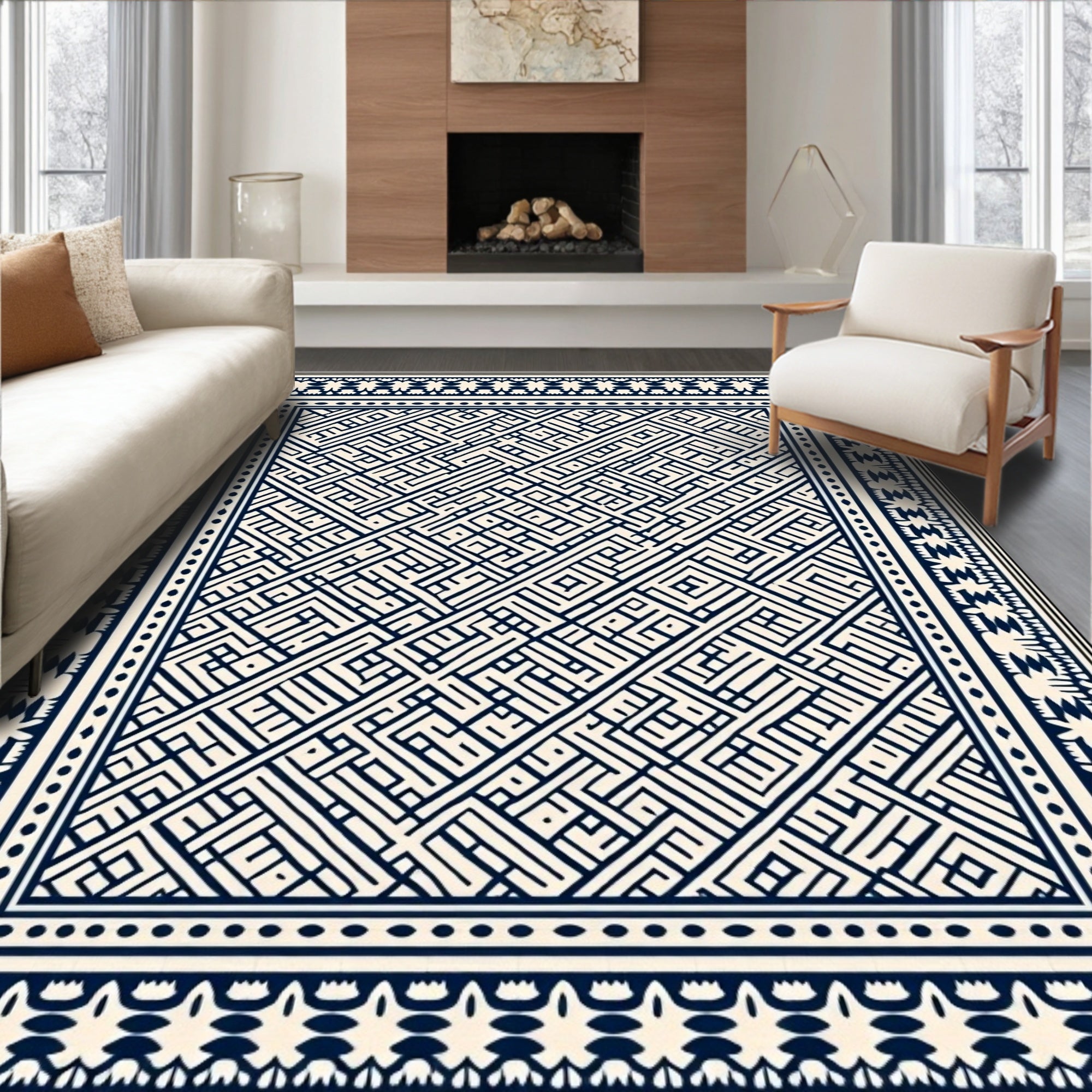 Navy Cream Geometric Interlocking Labyrinth Rug