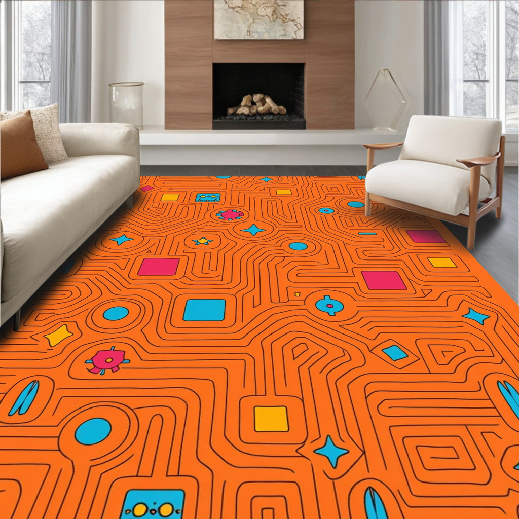 Retro Orange Circuit Board Shapes Rug