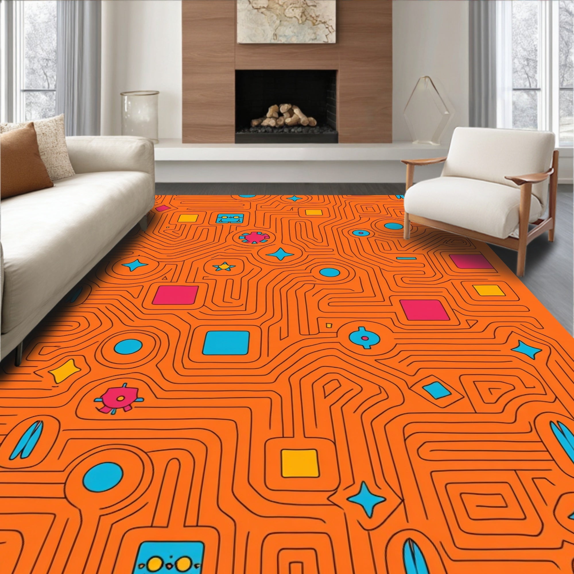 Retro Orange Circuit Board Shapes Rug