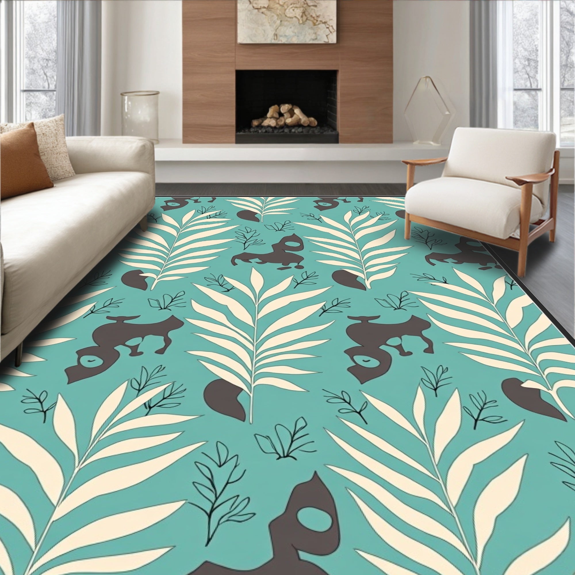 Aqua Cream Leaf Animal Silhouette Rug