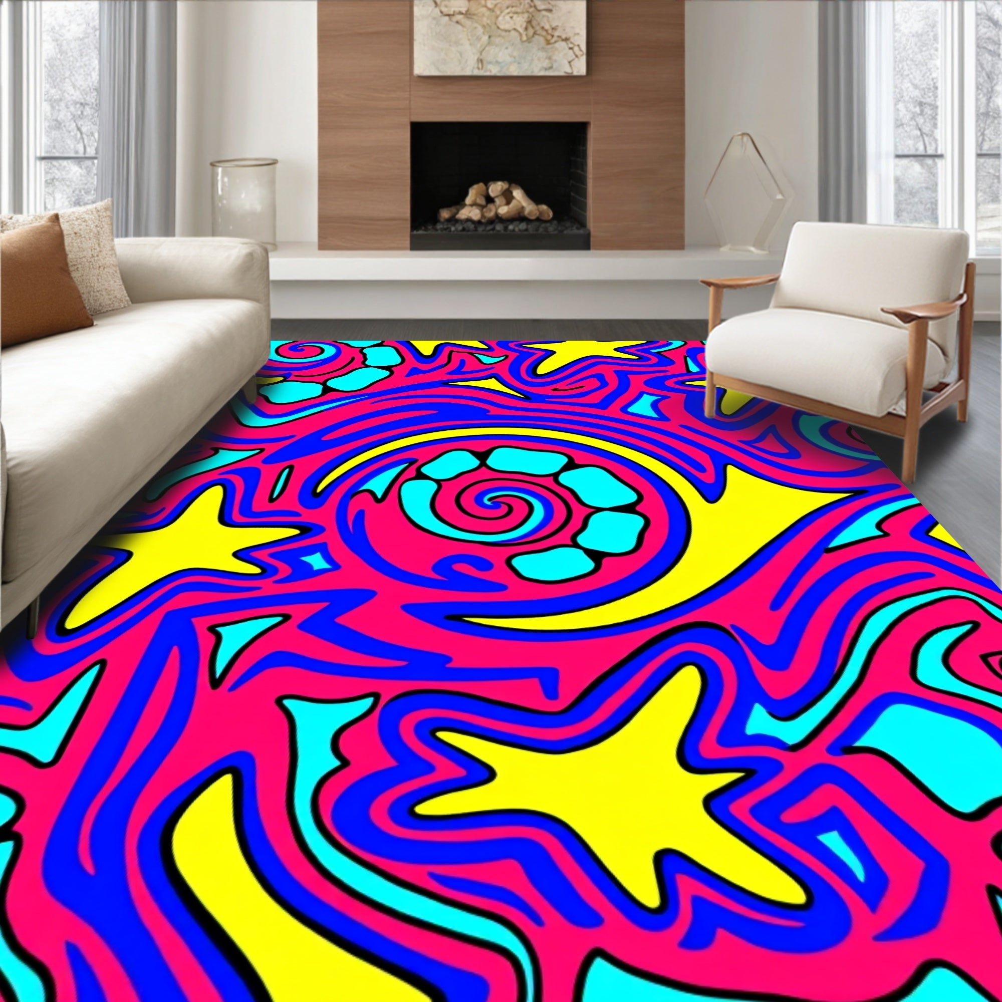Vibrant Pink Blue Yellow Star Swirl Rug