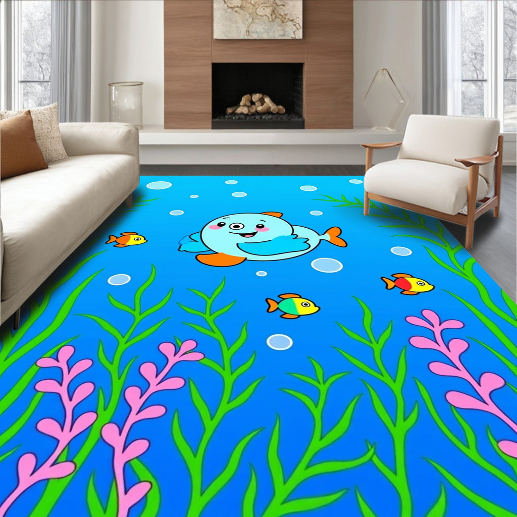 Cute Blue Fish Coral Garden Rug