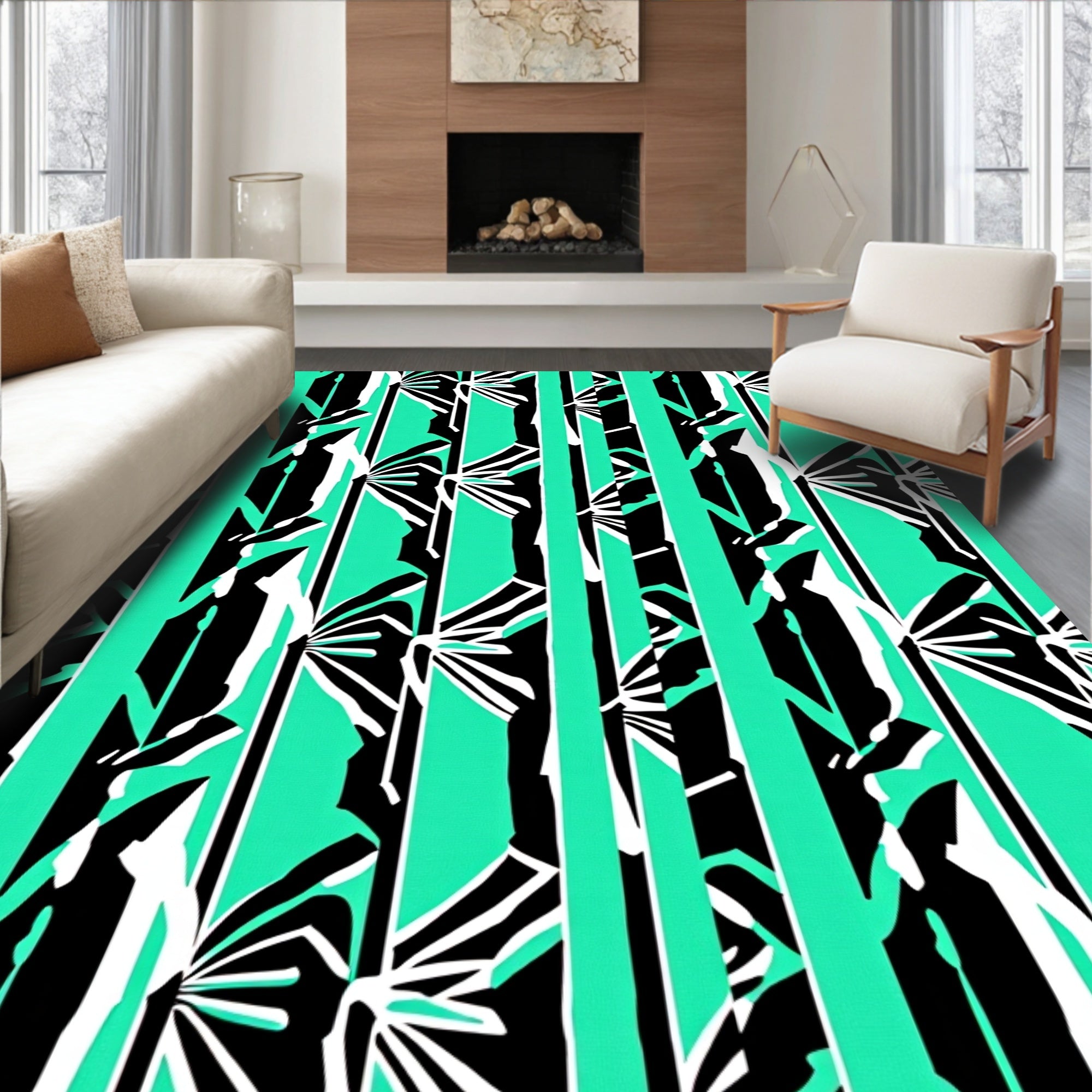 Bold Teal White Black Geometric Fan Rug