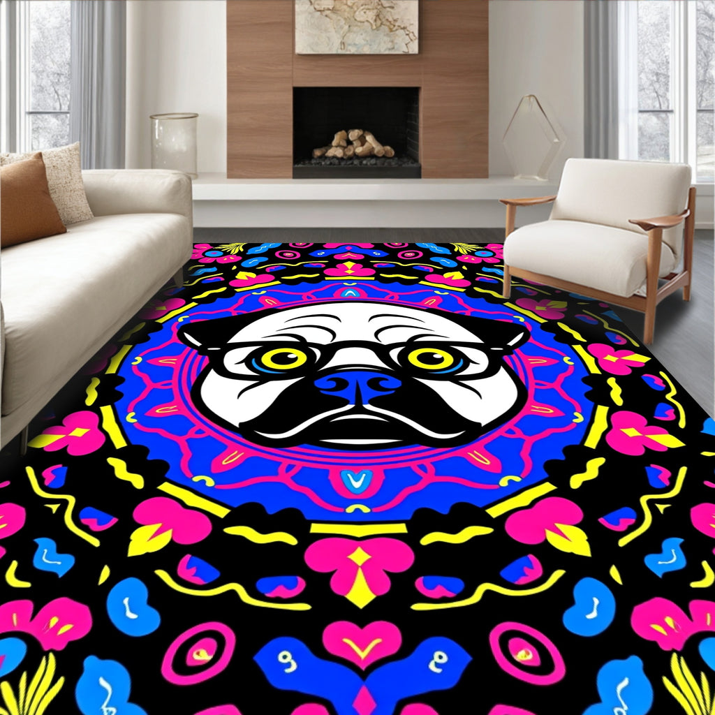 Vibrant Pug Mandala Black Floral Rug
