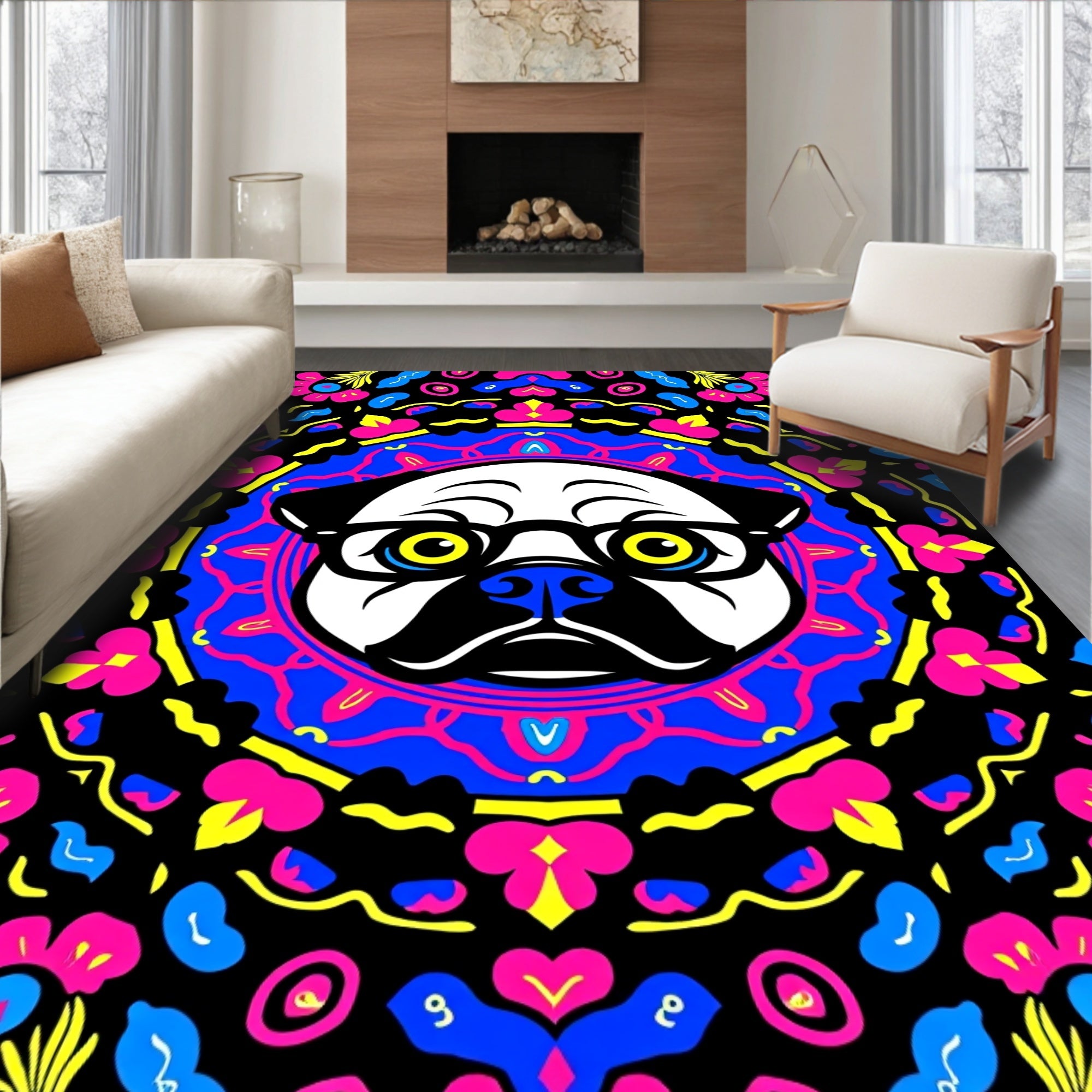 Vibrant Pug Mandala Black Floral Rug