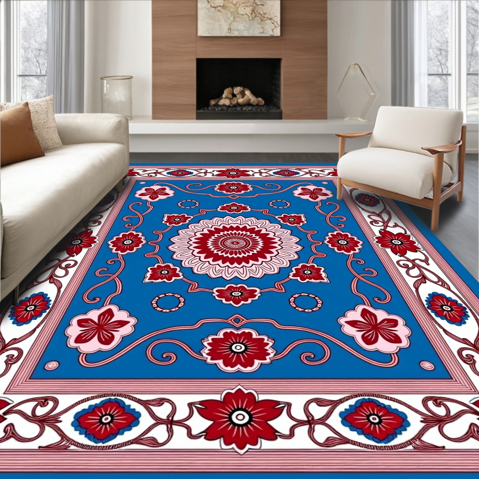 Bold Red Floral Medallion Blue Rug