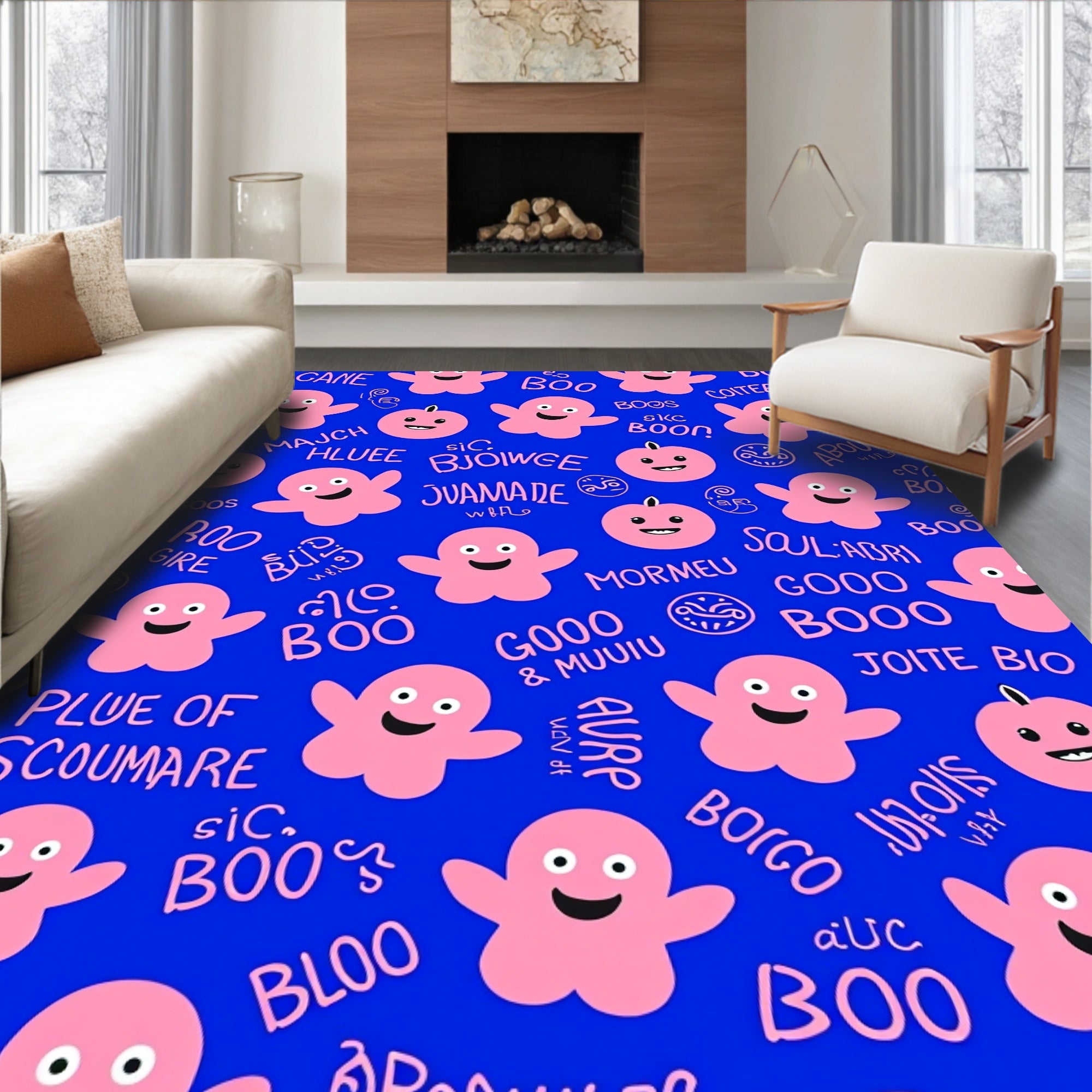 Pink Ghost Boos Royal Blue Field Rug