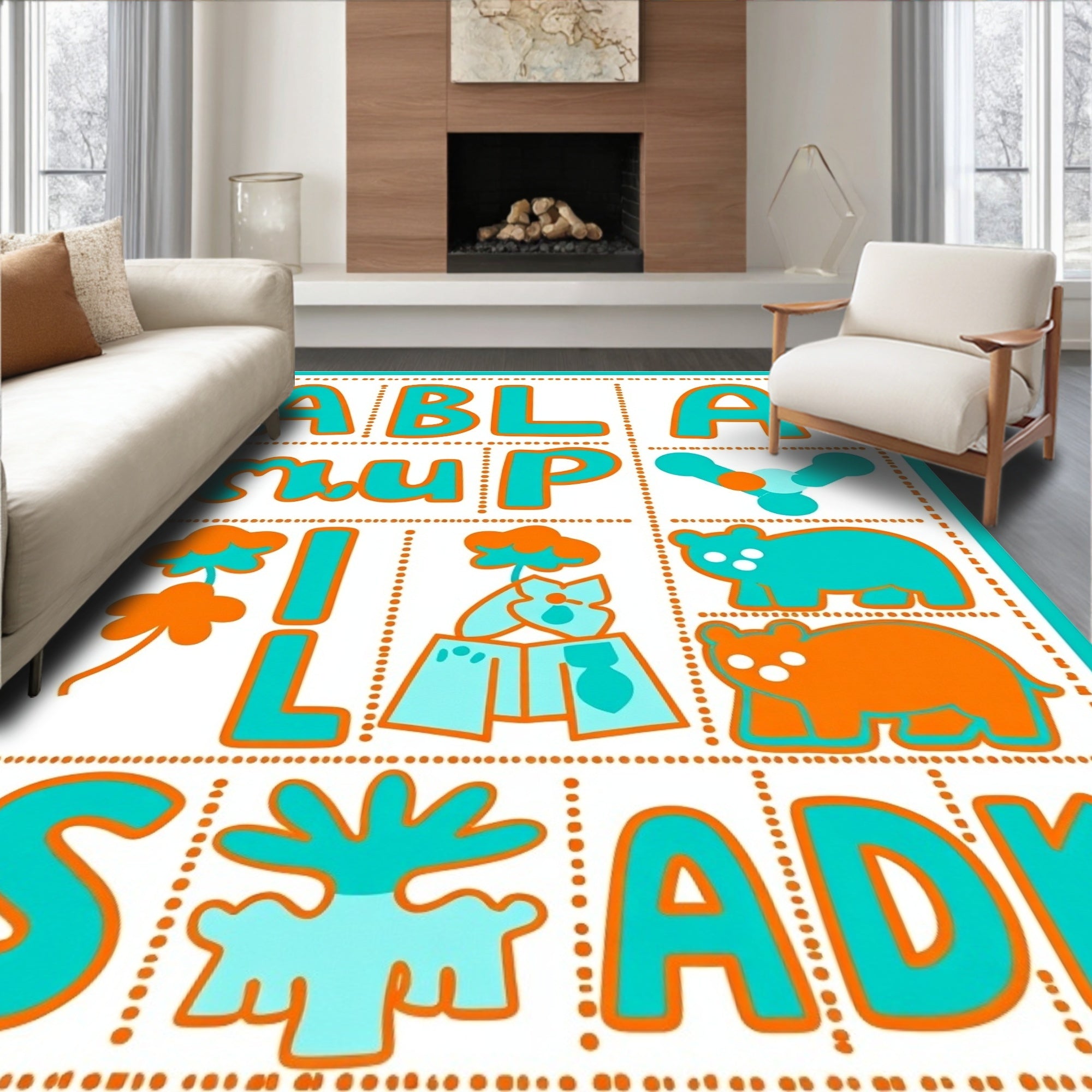 Alphabet Animals With Turquoise Orange Rug
