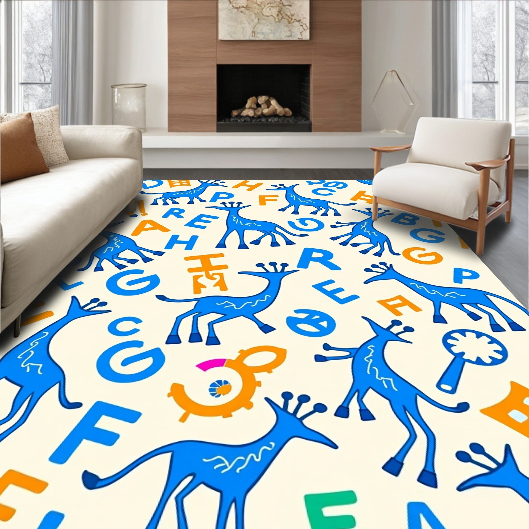 Blue Giraffe Alphabet Scattered Rug