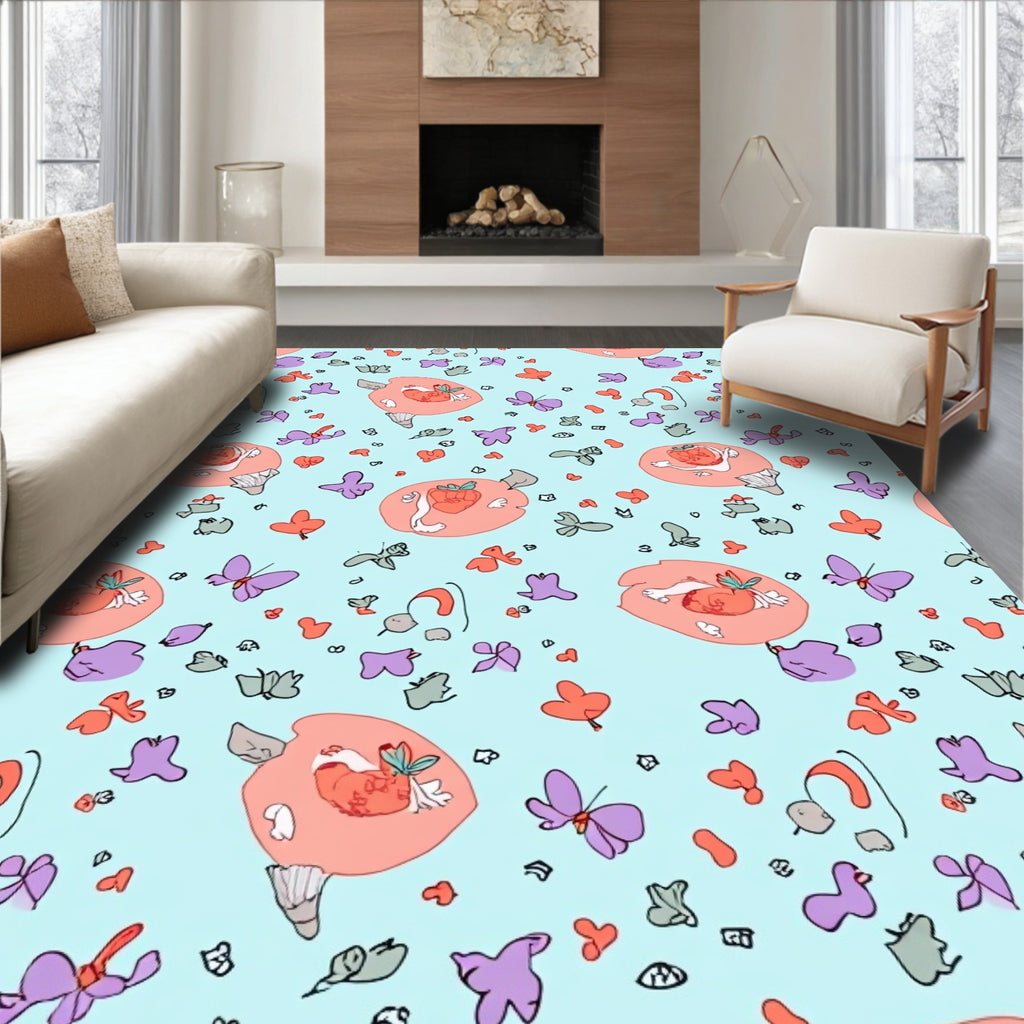 Whimsical Peach Orange Butterflies Hearts Rug