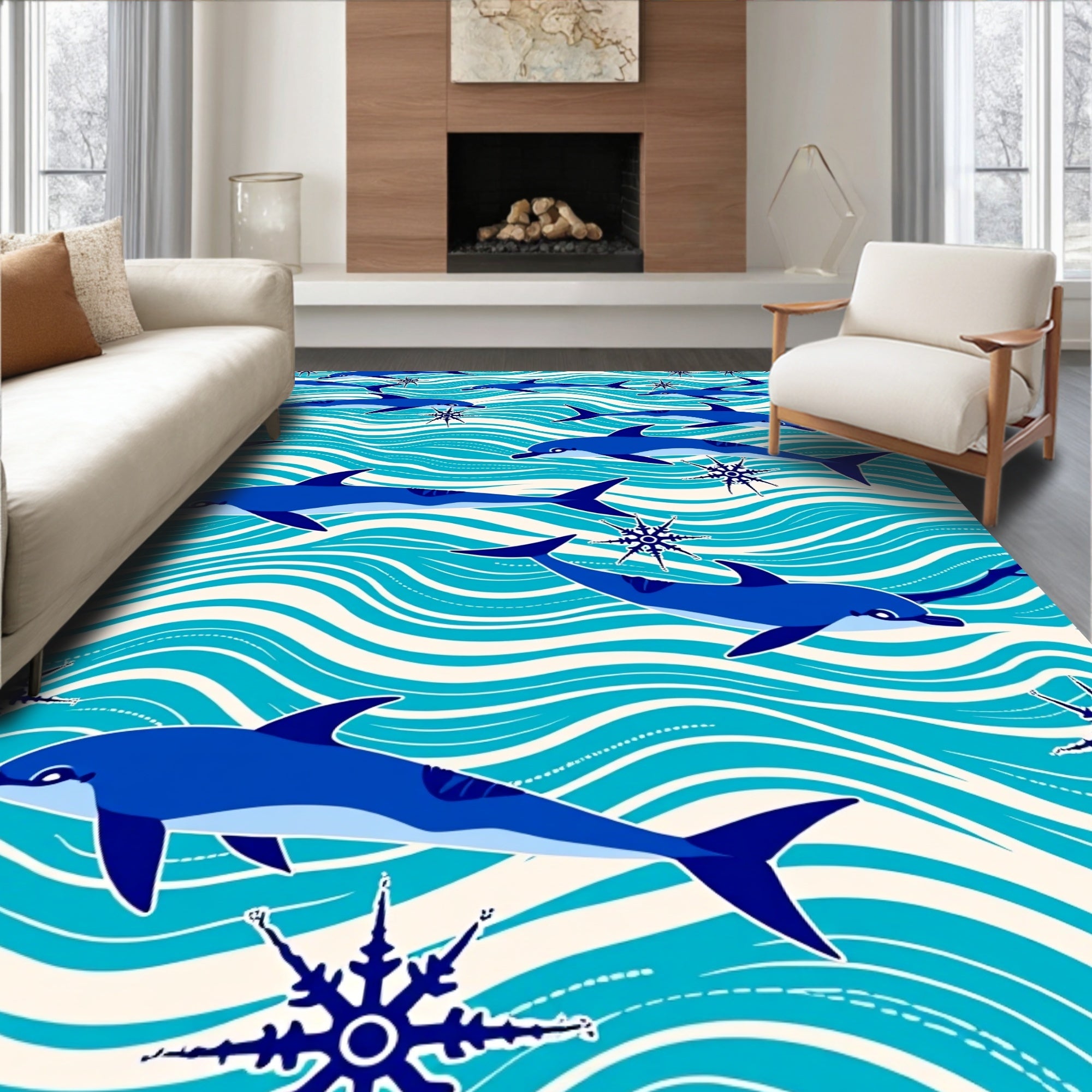 Blue Dolphin Ocean Wave Compass Rose Rug