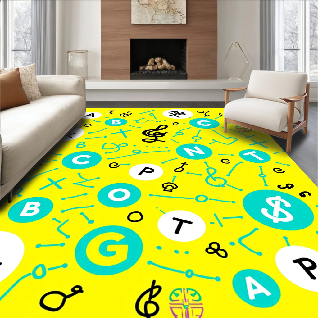 Yellow Abstract Alphabet Music Symbols Rug