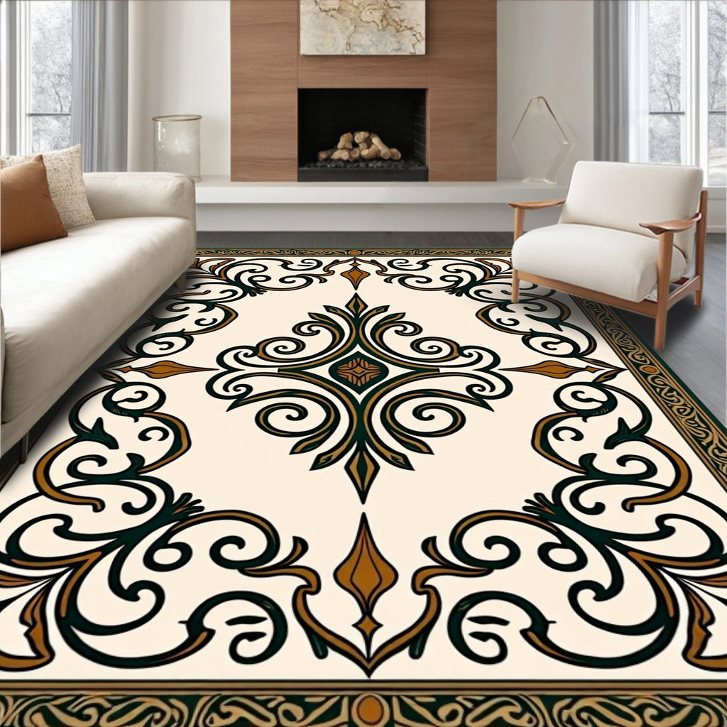 Rich Teal Brown Scrollwork Area Rug