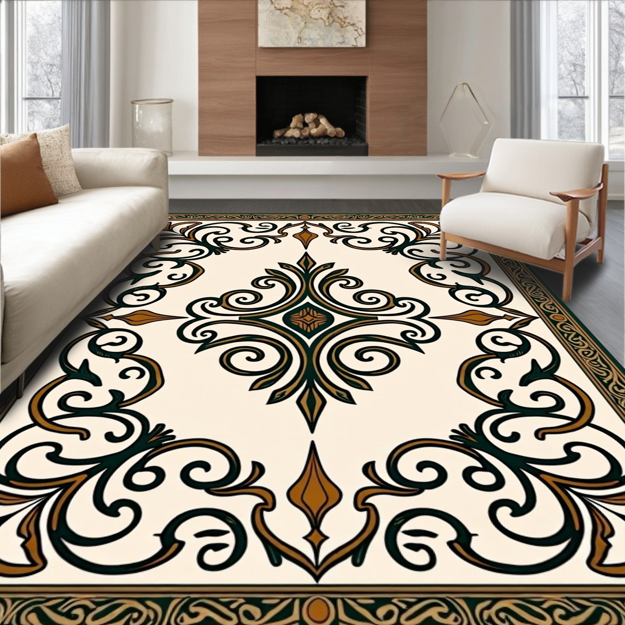 Rich Teal Brown Scrollwork Area Rug