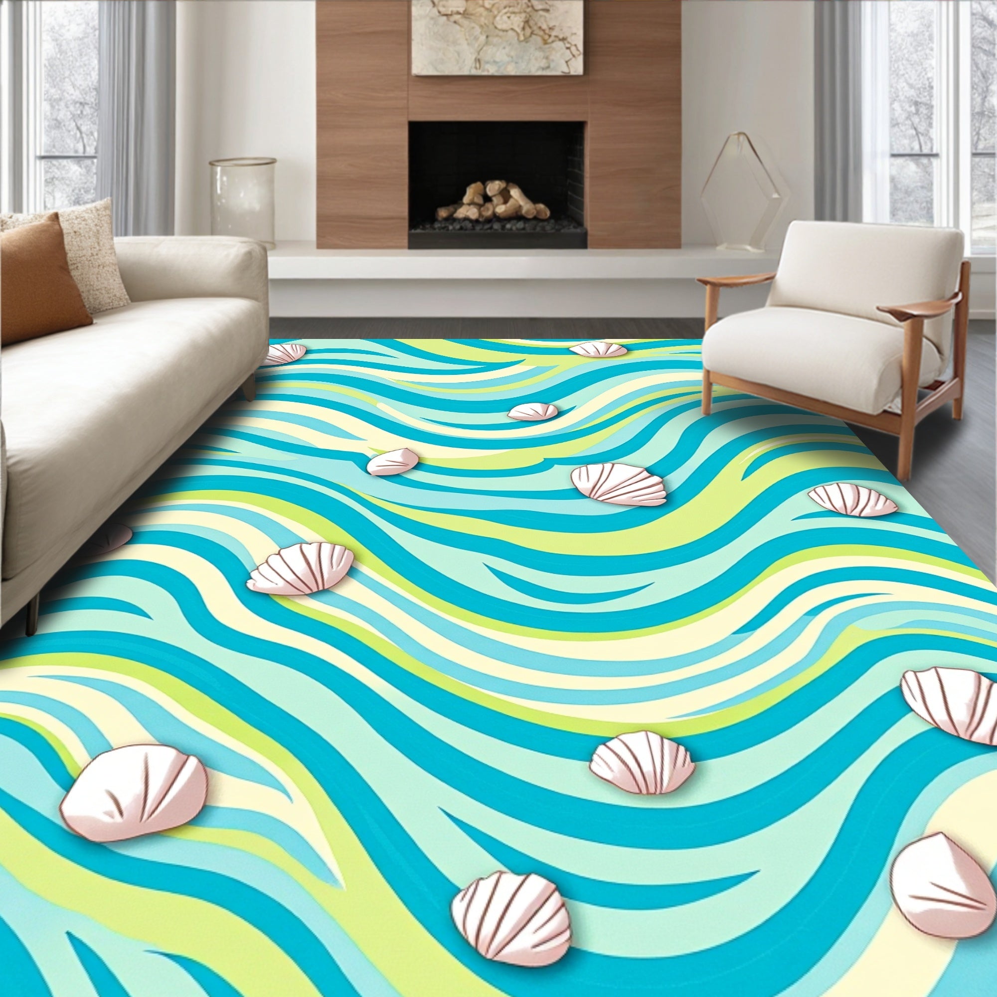 Aqua Teal Cream Seashell Waves Rug