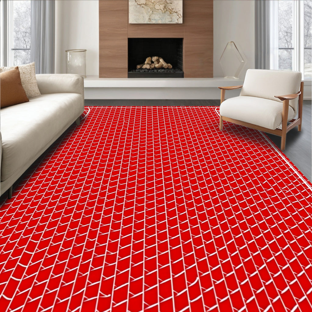 Red White Basketweave Geometric Texture Rug