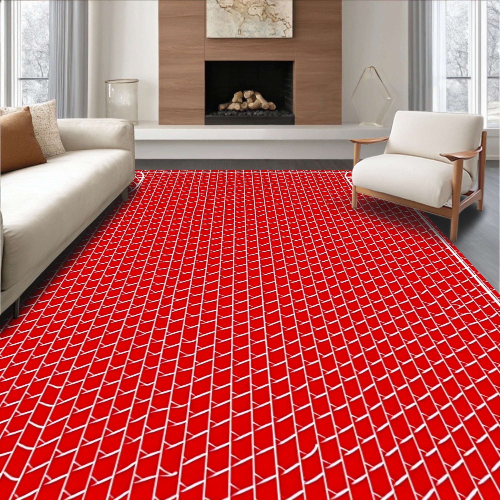 Red White Basketweave Geometric Texture Rug