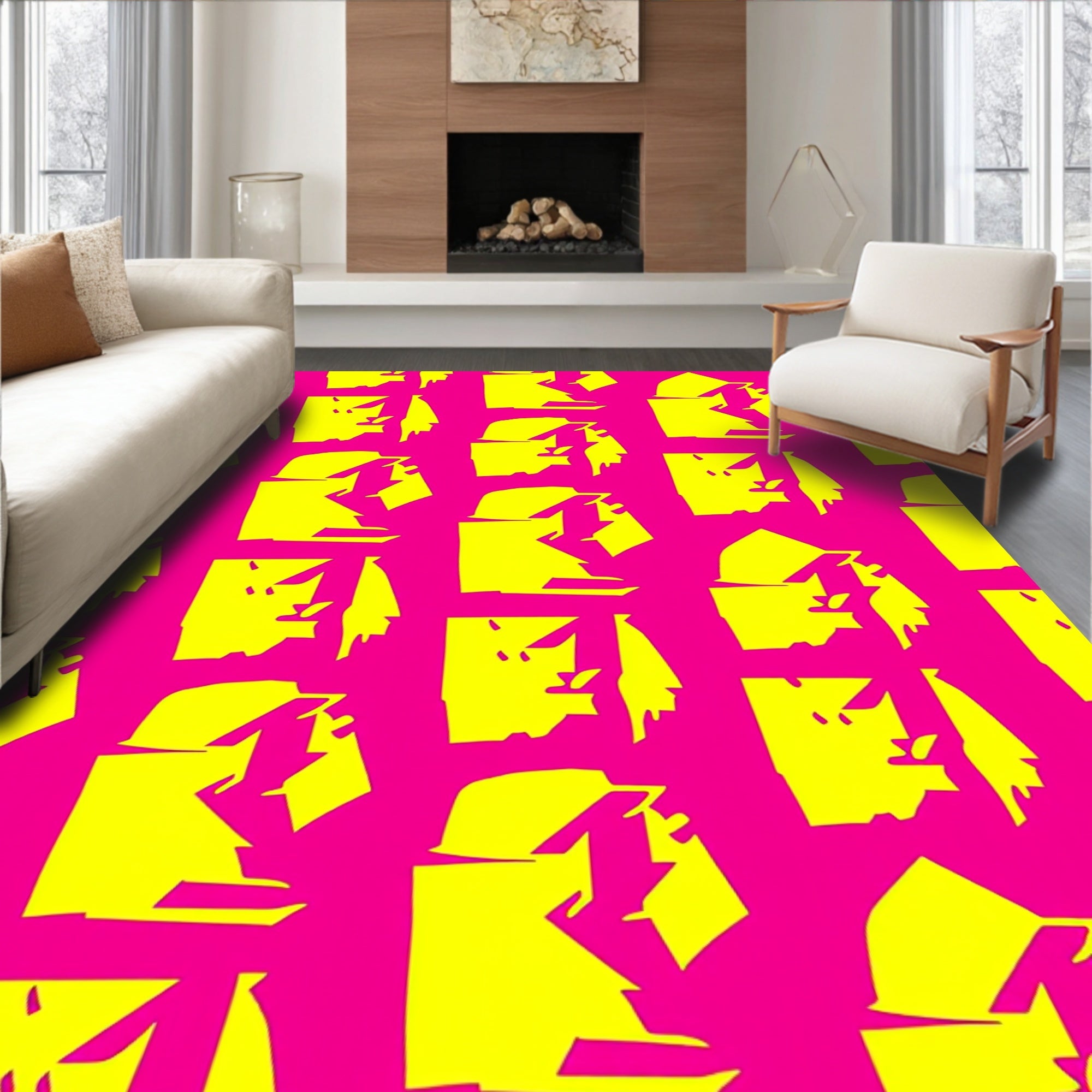 Bright Pink Yellow Abstract Cubist Faces Rug