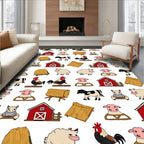 Farm Animals Barn Hay Bales Whimsical Red Rug