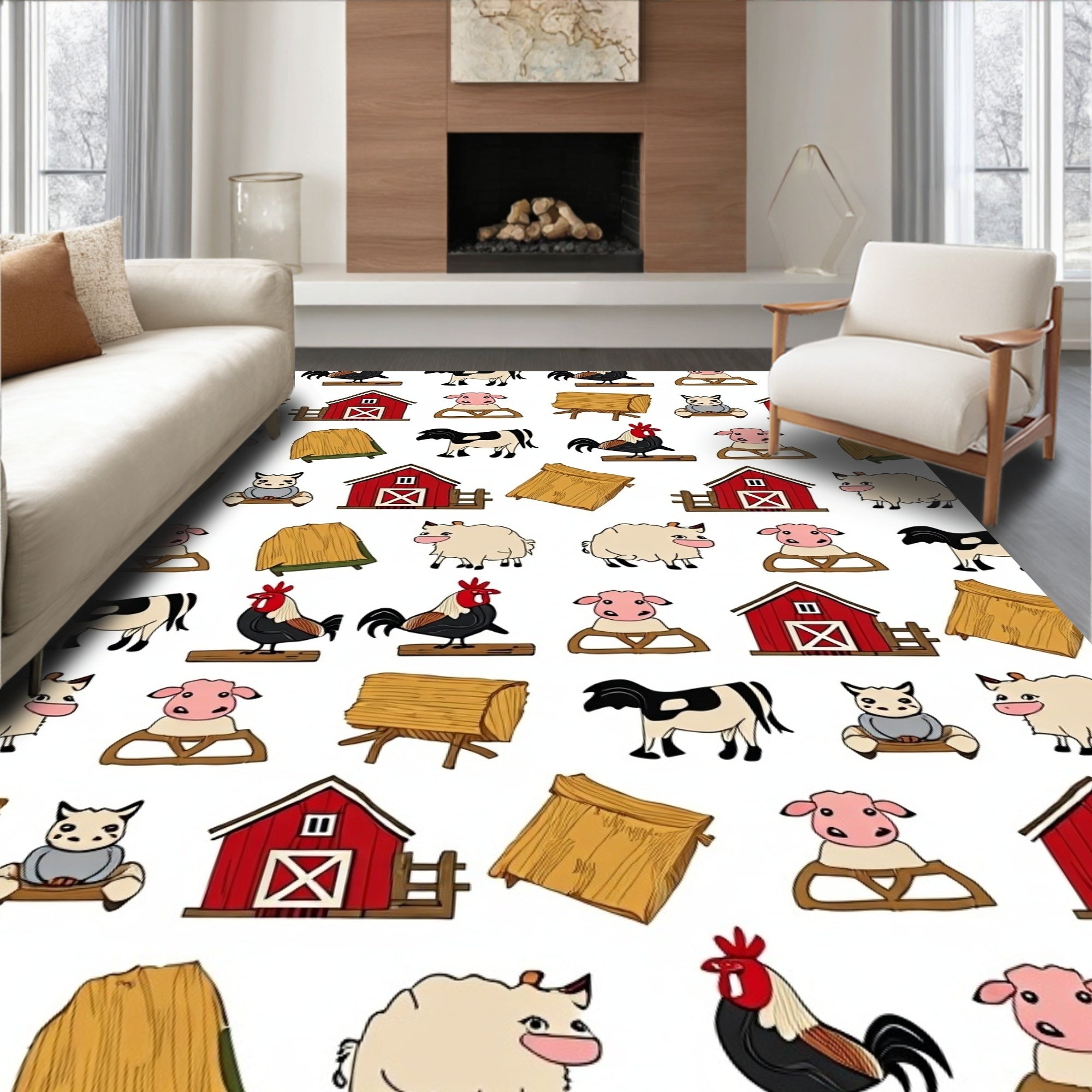 Farm Animals Barn Hay Bales Whimsical Red Rug