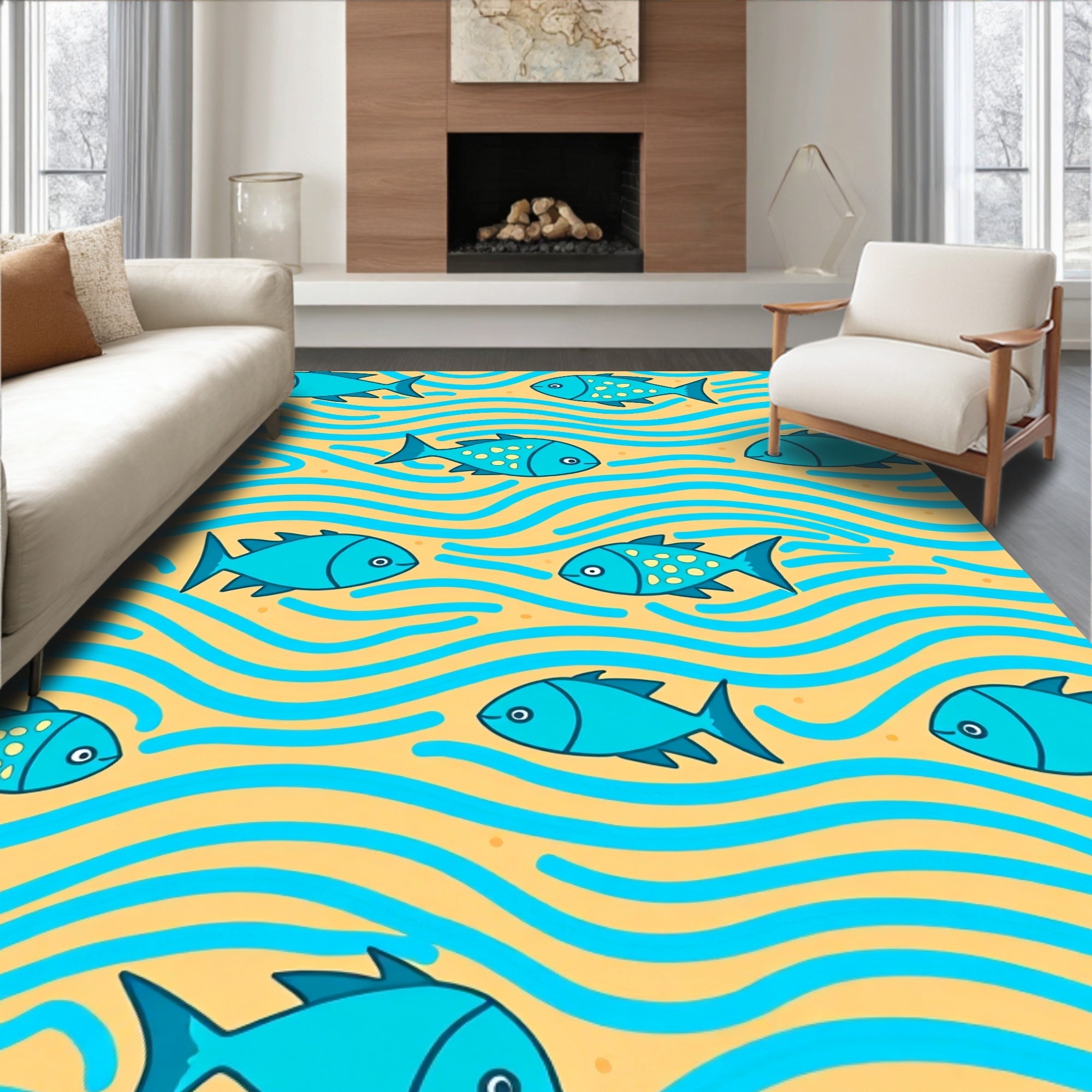 Blue Fish Ocean Waves Sand Rug
