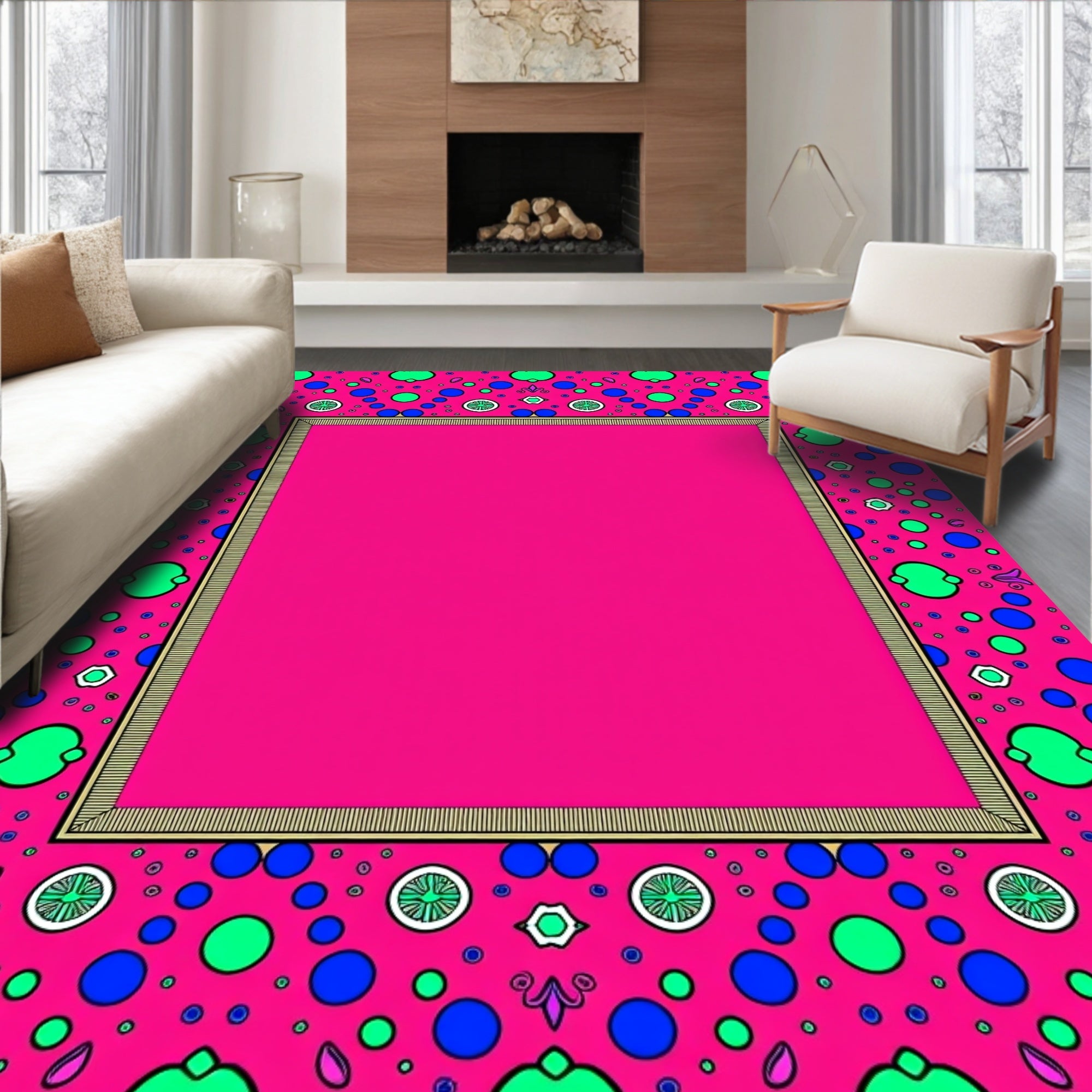 Vibrant Pink Blue Green Bubble Frame Rug