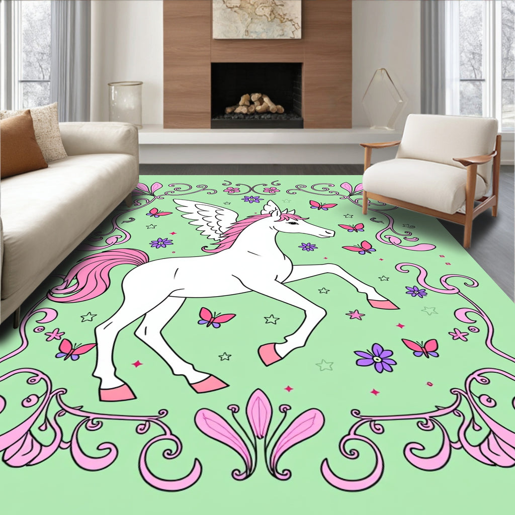 Whimsical Pink Pegasus Butterfly Floral Rug