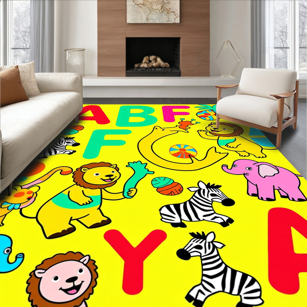 Alphabet Jungle Animals Yellow Cartoon Rug