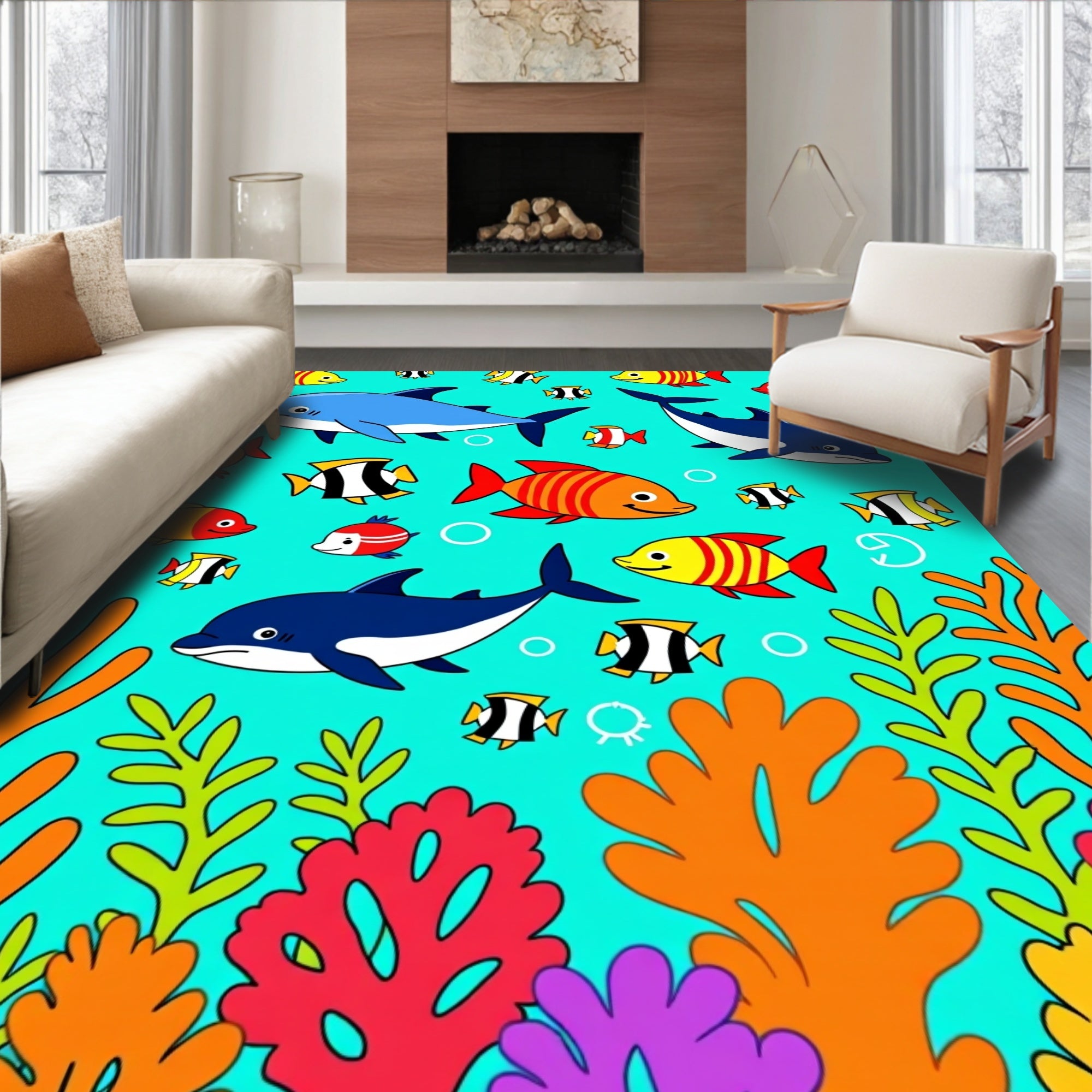 Vibrant Ocean Coral Dolphin Fish Fun Rug