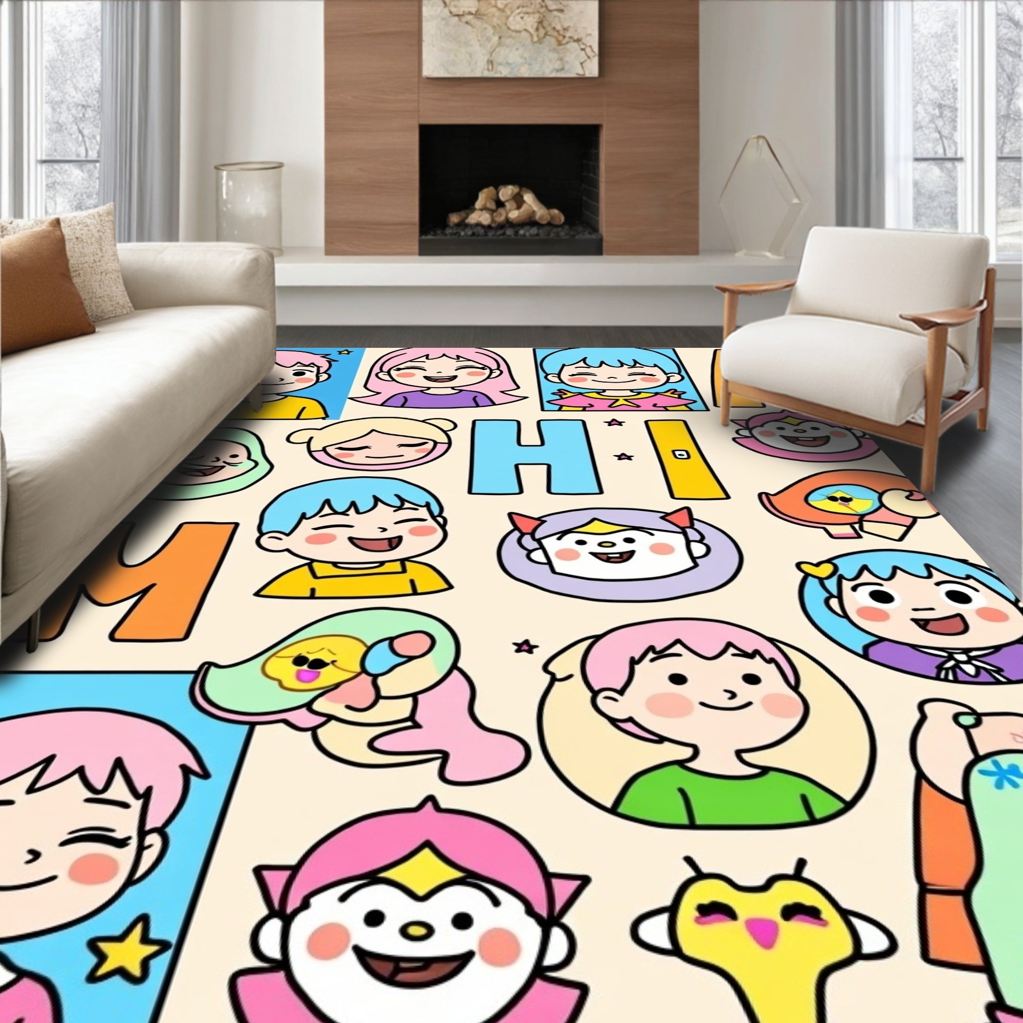 Cute Cartoon Characters With Playful Colors Rug