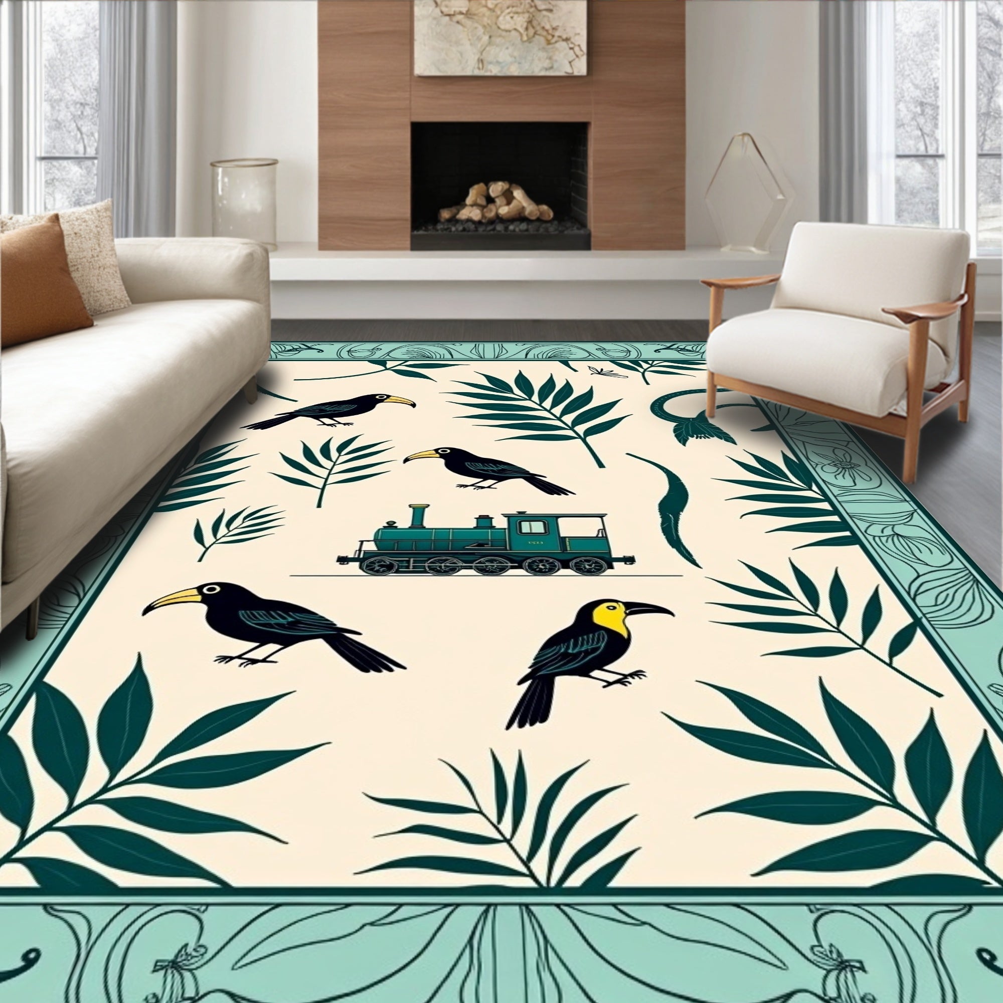Teal Toucan And Train Jungle Scene Rug