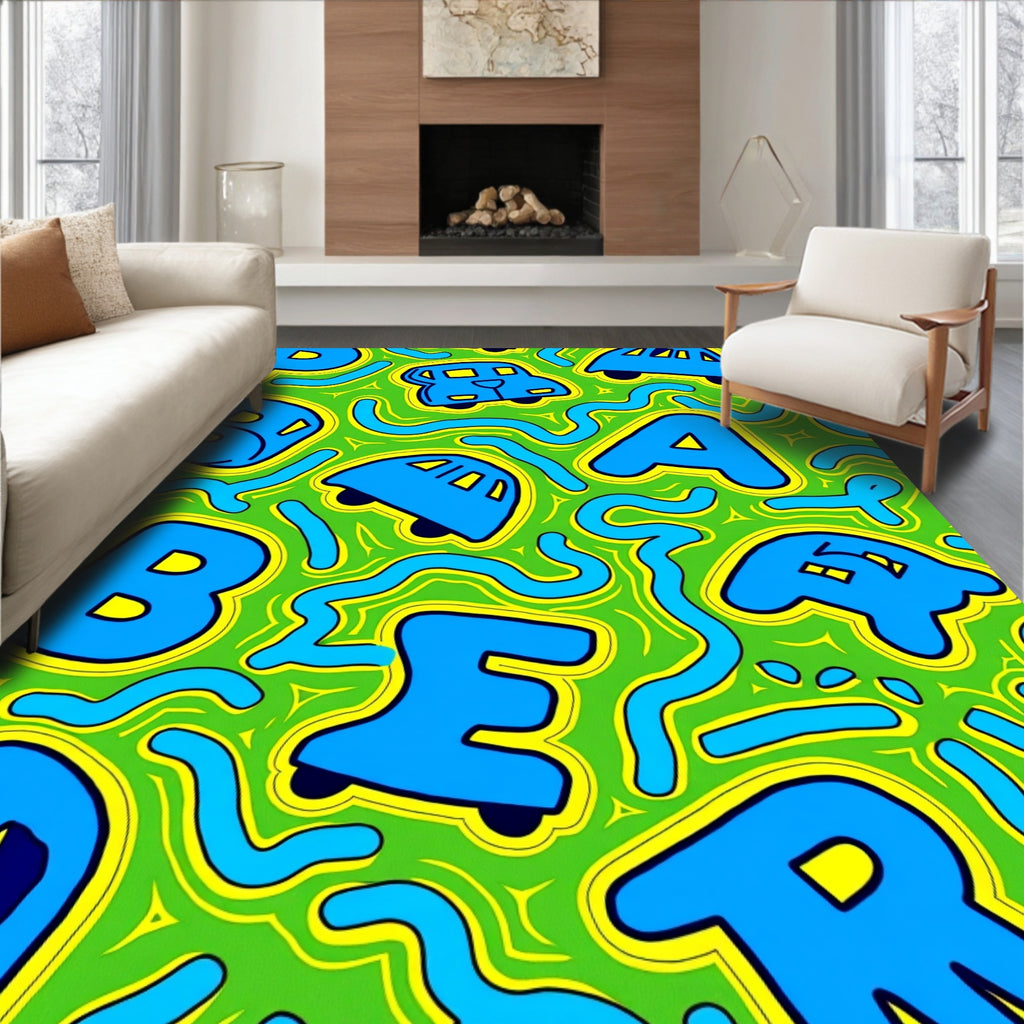 Bright Blue Alphabet Cars On Green Rug