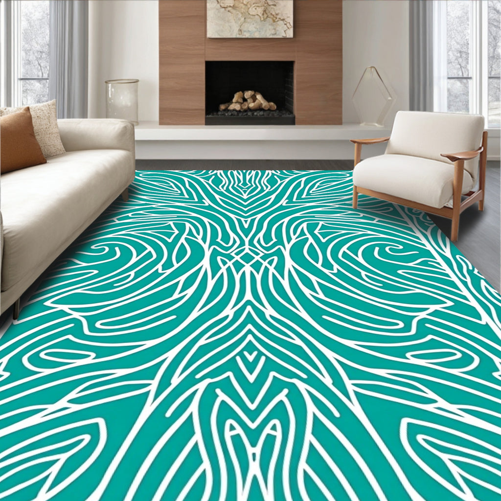 Aqua White Abstract Organic Lines Rug