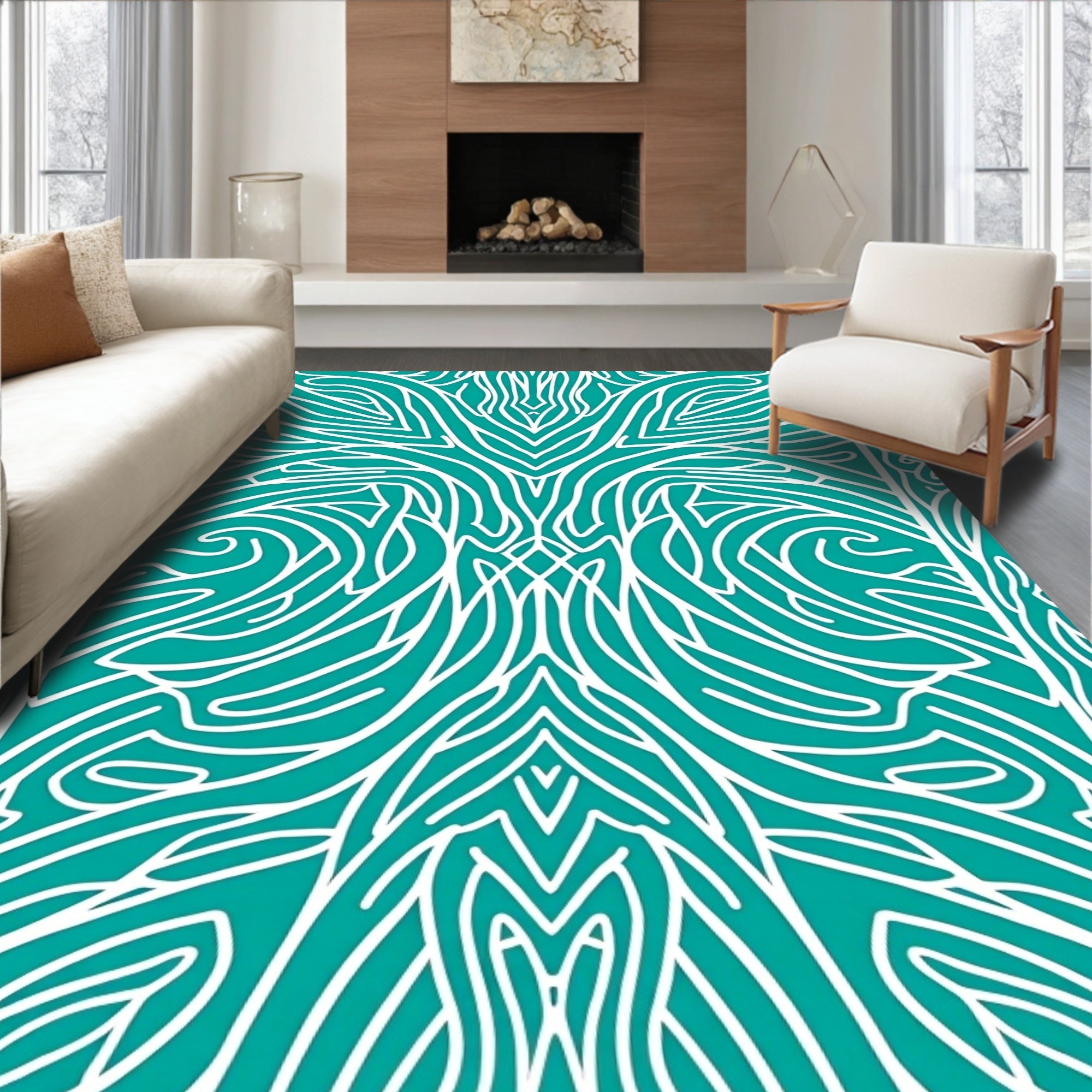 Aqua White Abstract Organic Lines Rug