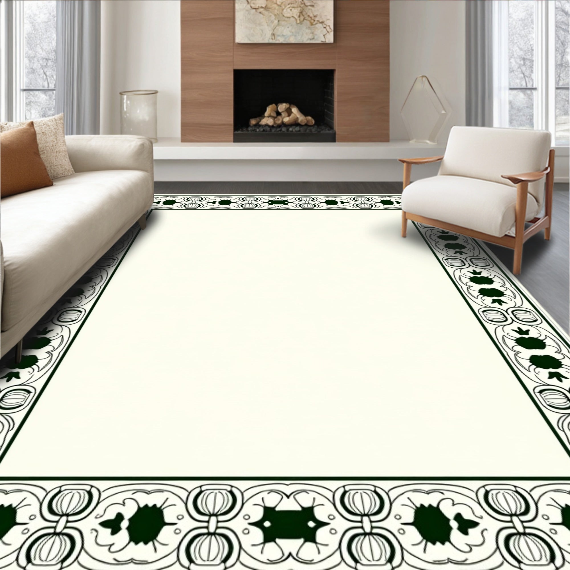 Dark Green Ornate Scroll Border Rug