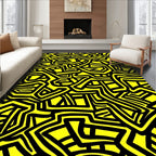 Bright Yellow Black Abstract Maze Rug