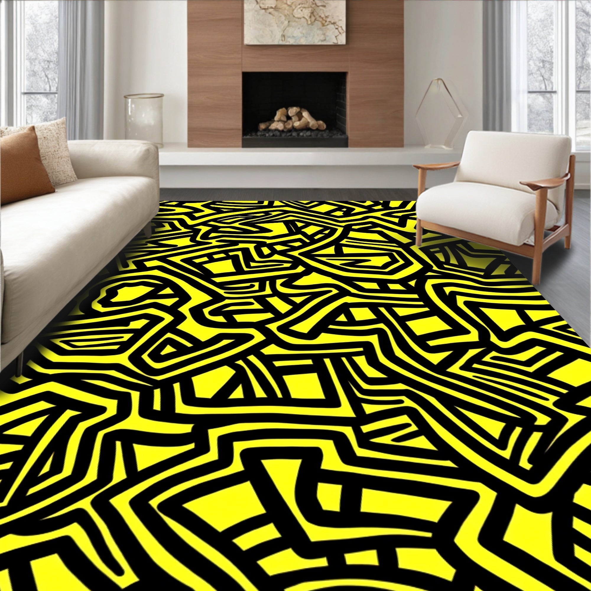 Bright Yellow Black Abstract Maze Rug