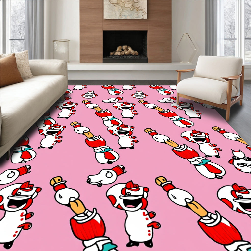 Playful White Red Cartoon Character Arrangement Rug
