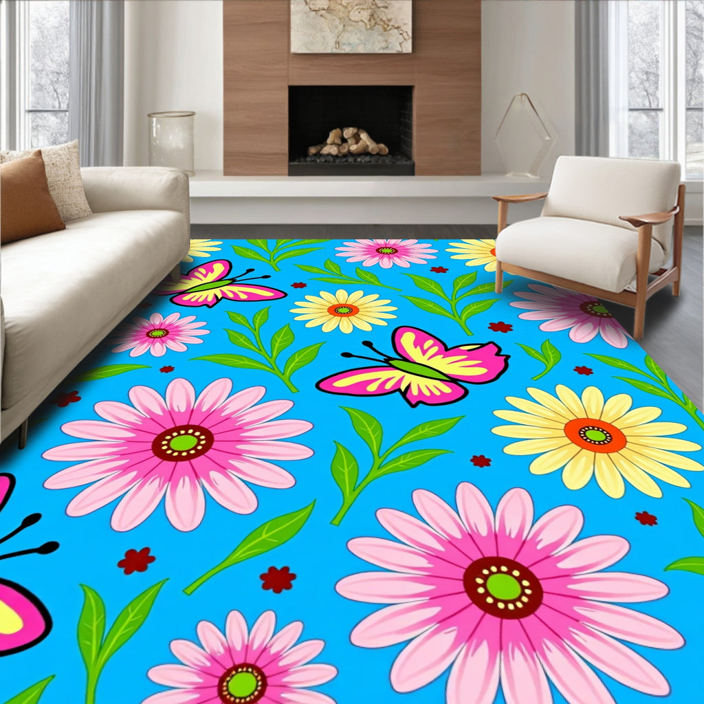 Pink Yellow Butterfly Daisy Garden Rug