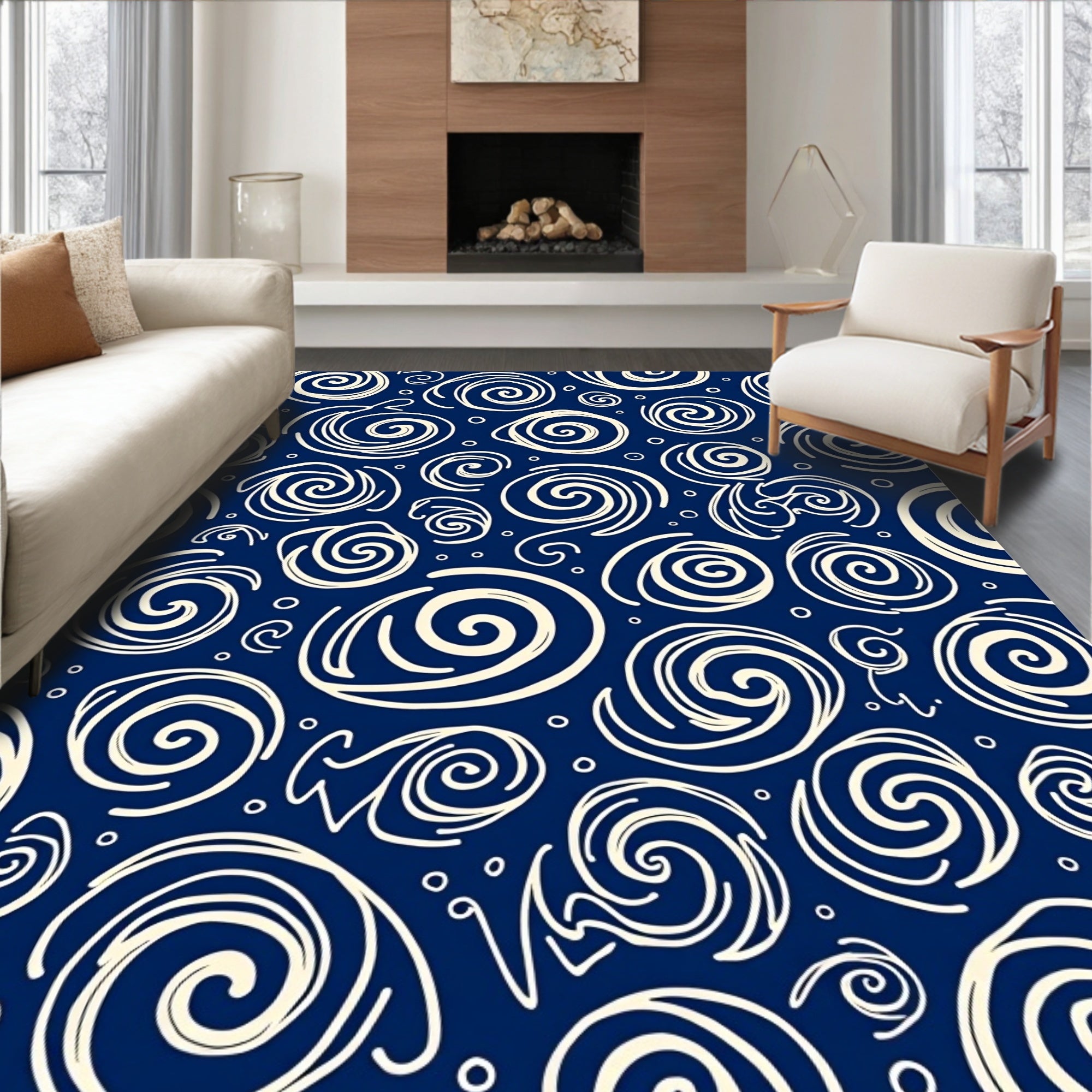 Navy Spiral Swirl Whimsical Abstract Rug