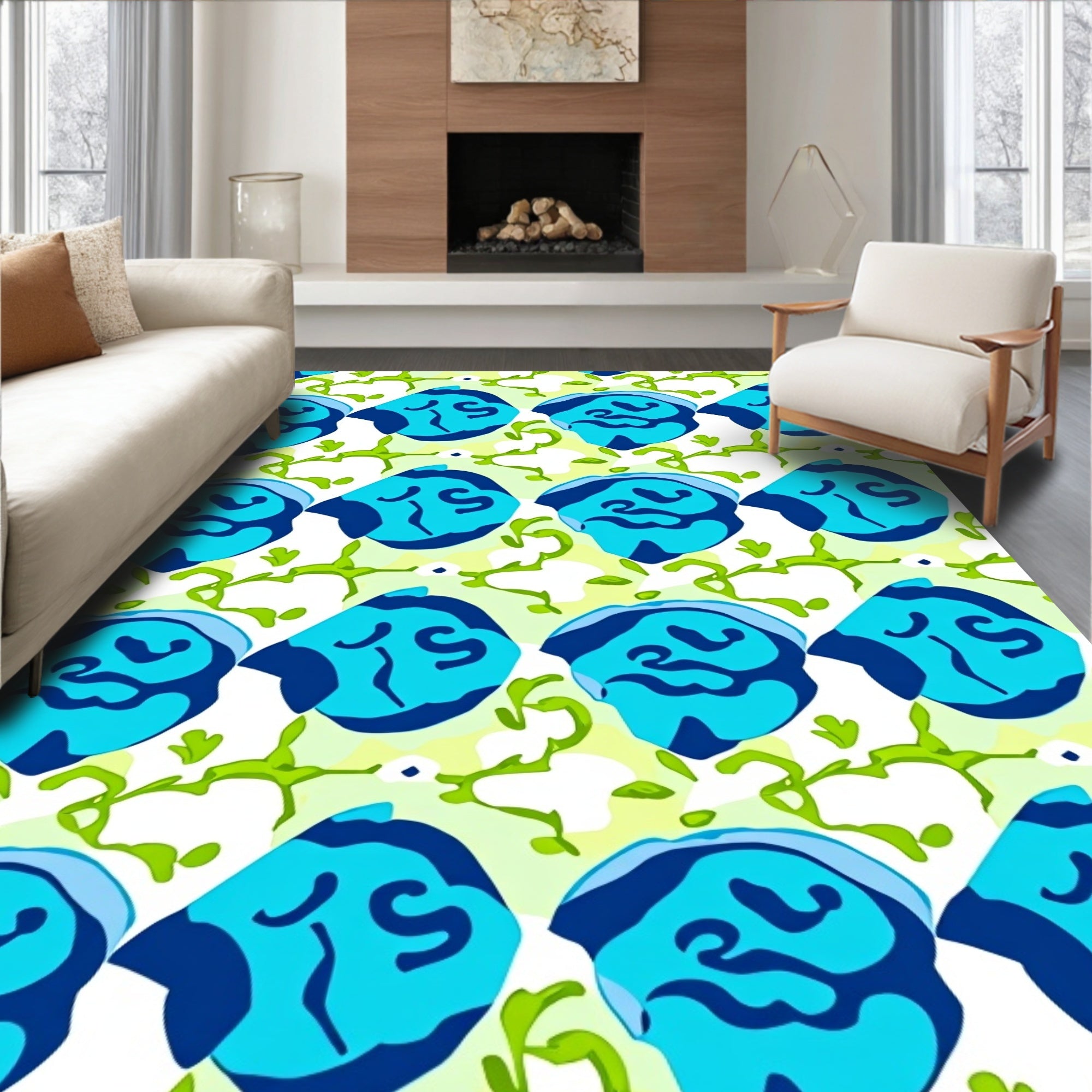 Abstract Blue Blob Green Vine Rug