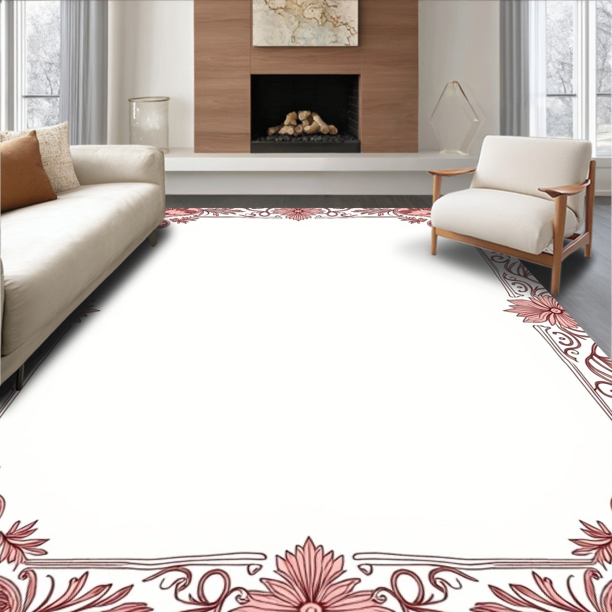 Blush Pink Floral Vine Border Rug