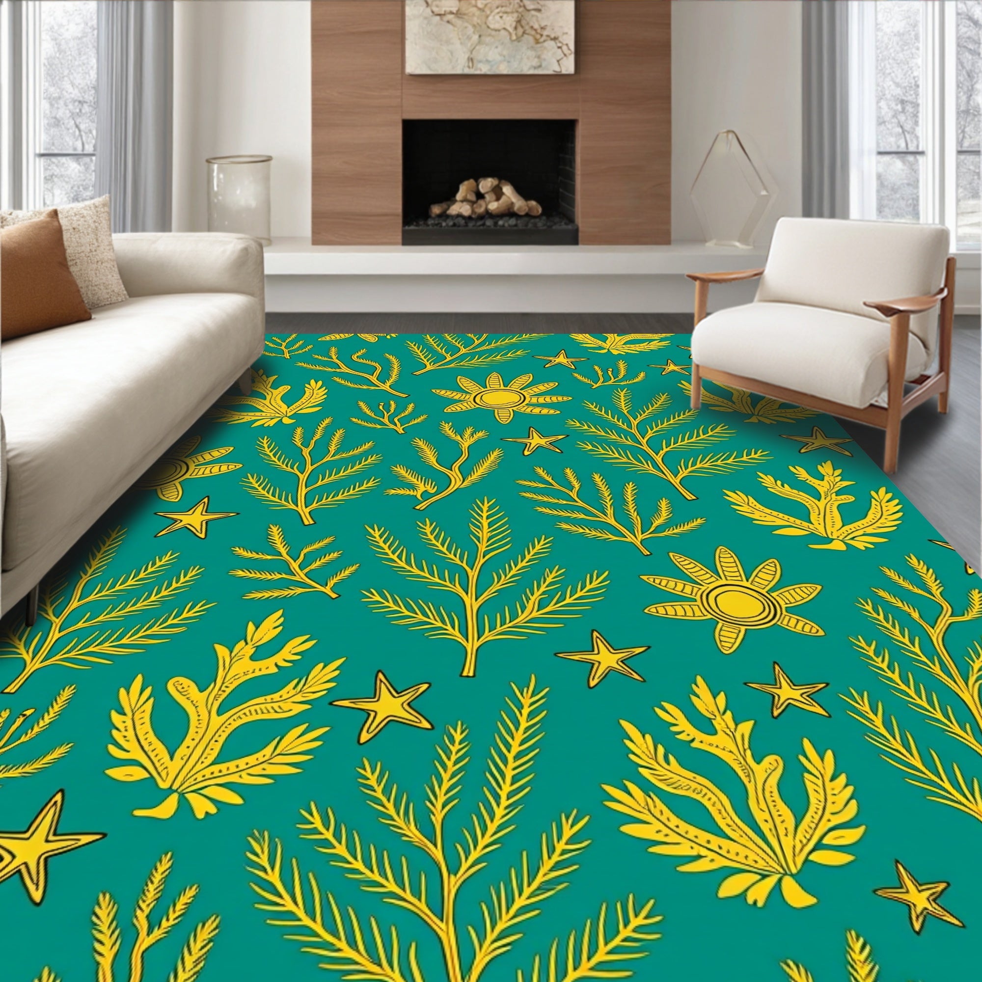 Teal Yellow Coral Starfish Illustration Rug