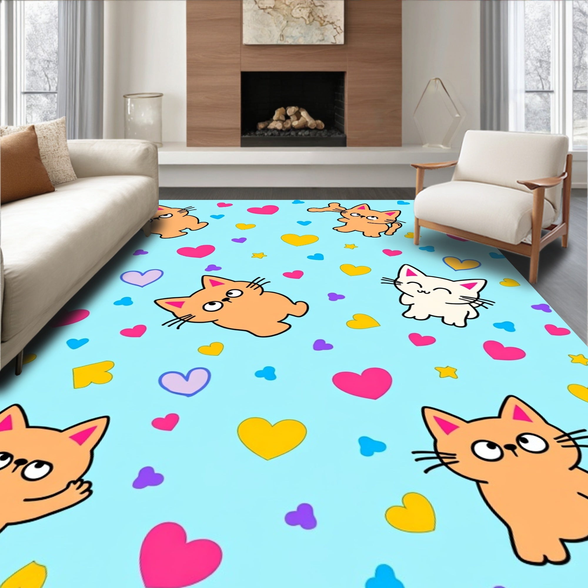 Cute Cat and Heart Background Rug