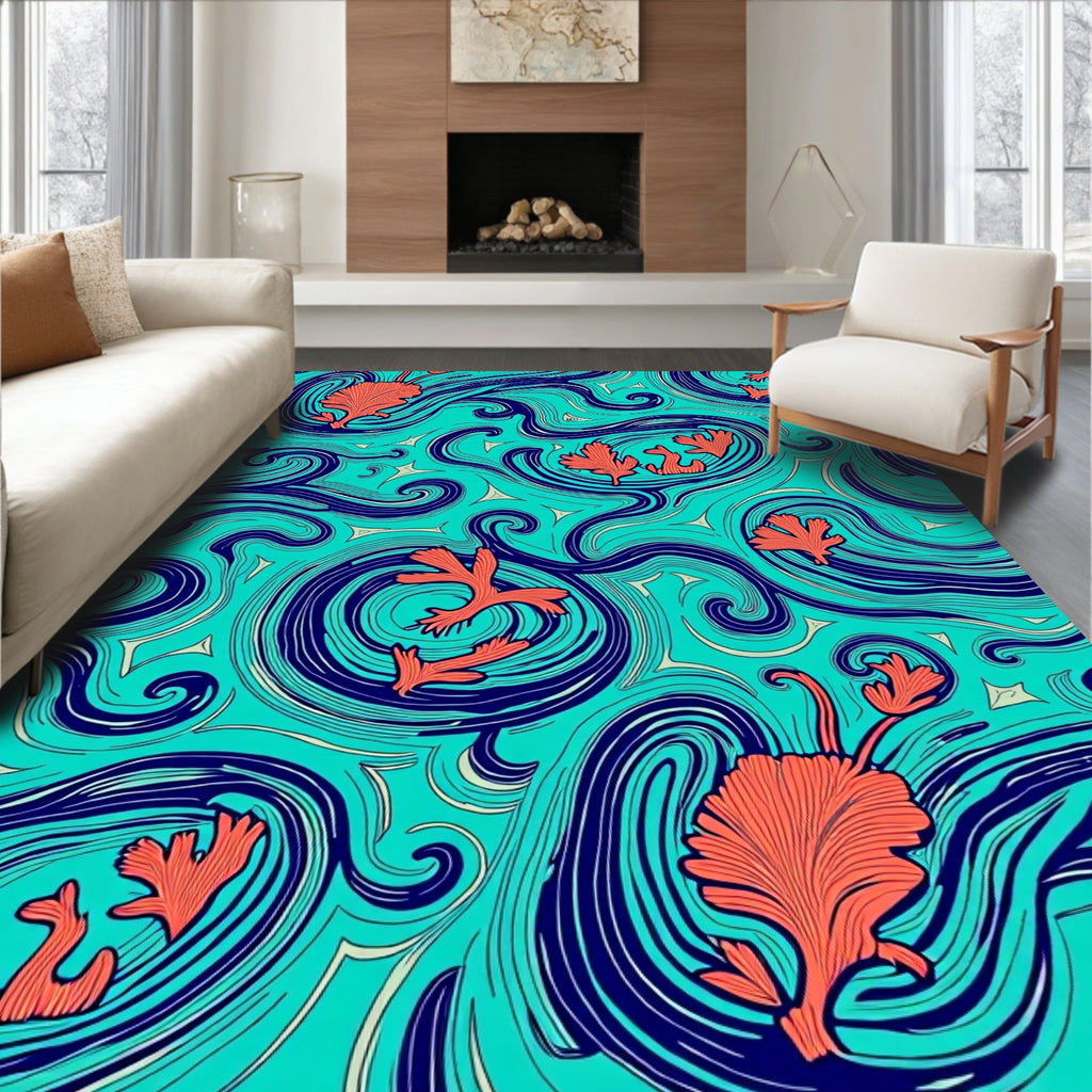 Coral Blue Wave Swirls Rug