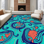 Coral Blue Wave Swirls Rug
