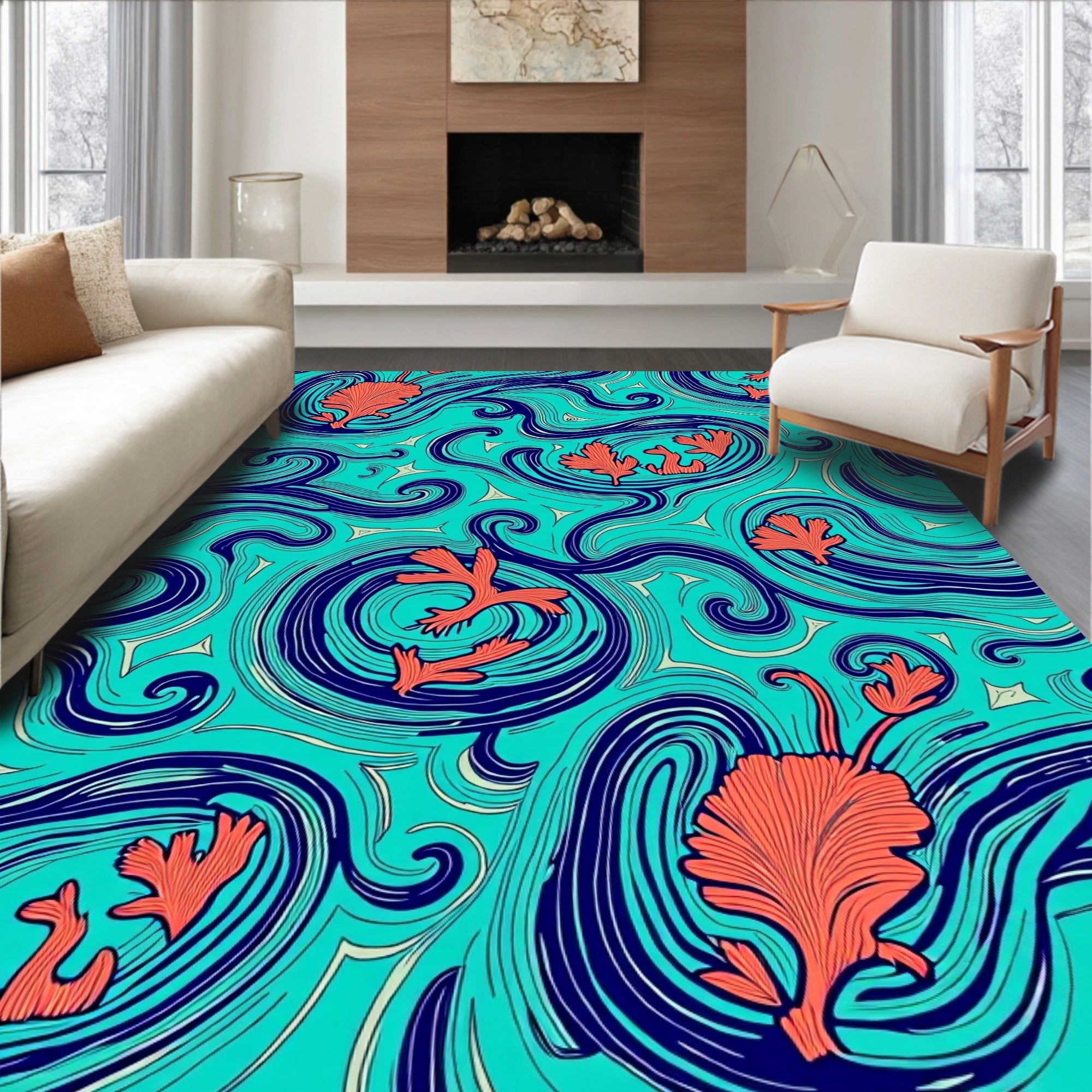 Coral Blue Wave Swirls Rug