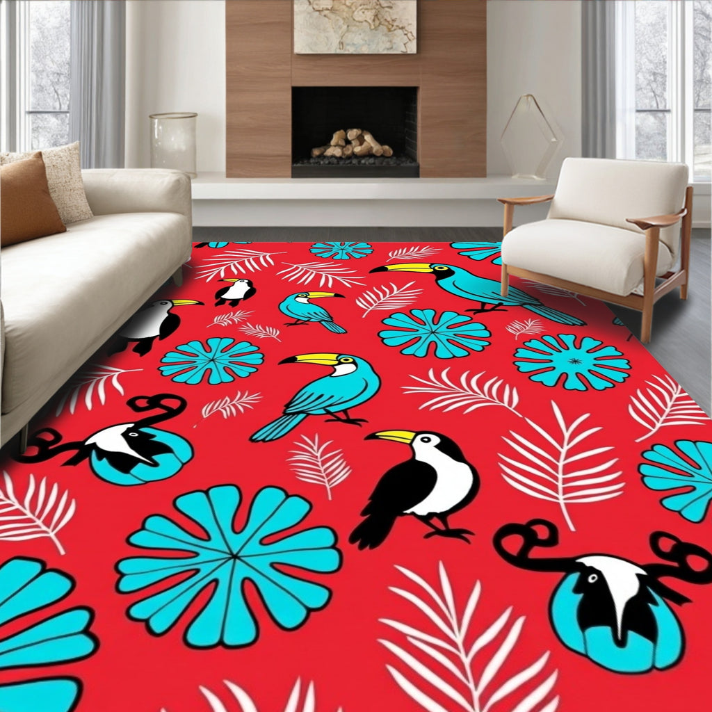 Tropical Toucan Blue Flower Red Whimsical Rug